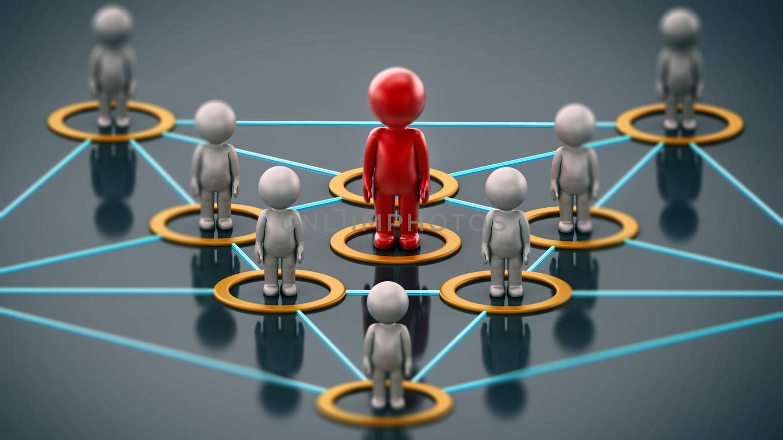3D simplistic characters linked to each other with a red figure at the center. Business network concept. 3D illustration.