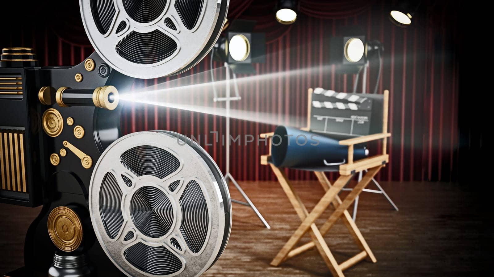 Vintage camera, director's chair, clapperboard and horn in studio. 3D illustration.
