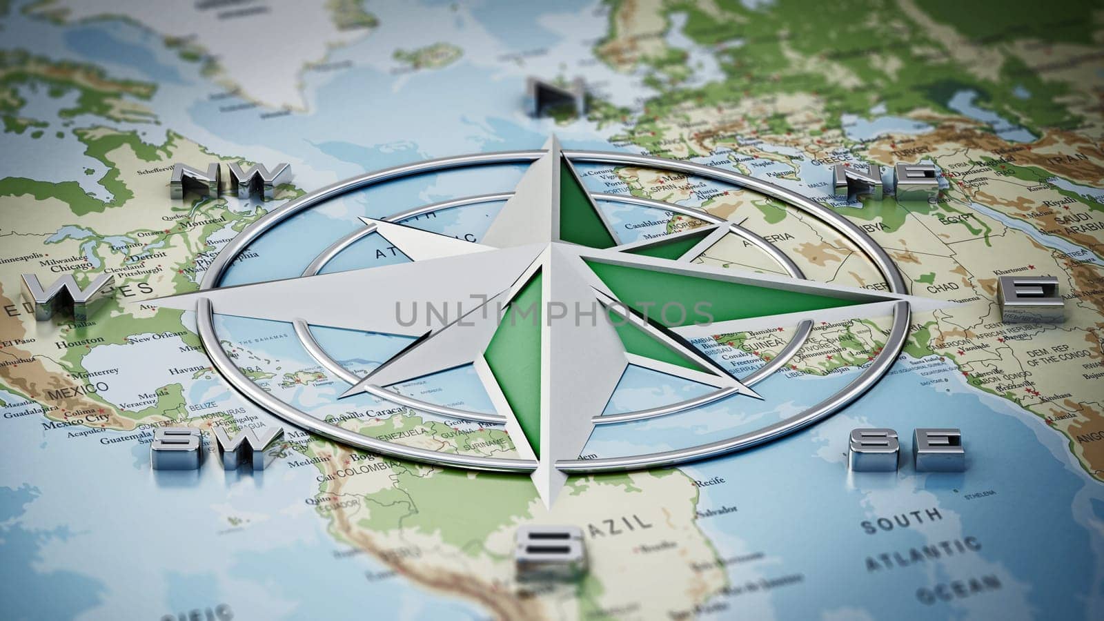 Vintage compass symbol showing the directions on the world map. 3D illustration.