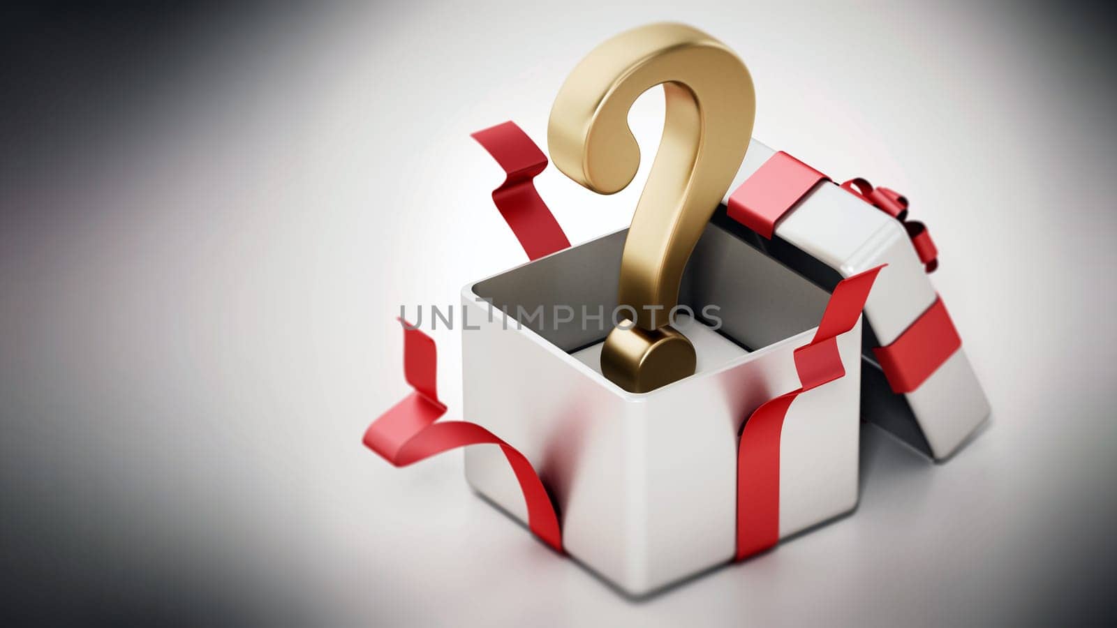 Gold question mark inside open giftbox. 3D illustration.