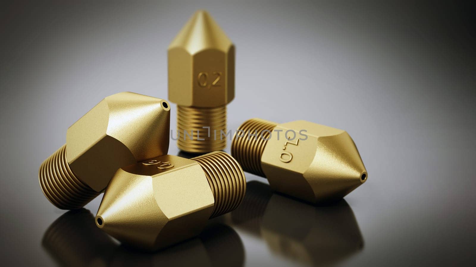Brass 3D printer nozzles isolated on gray background. 3D illustration.
