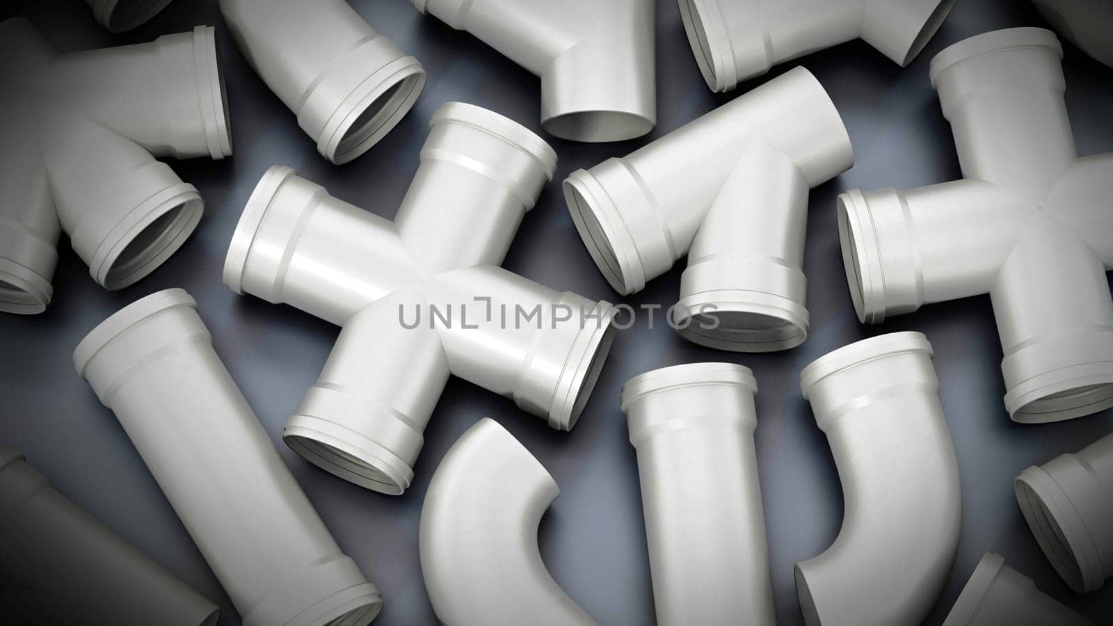 PVC water tube connection parts on gray background. 3D illustration.