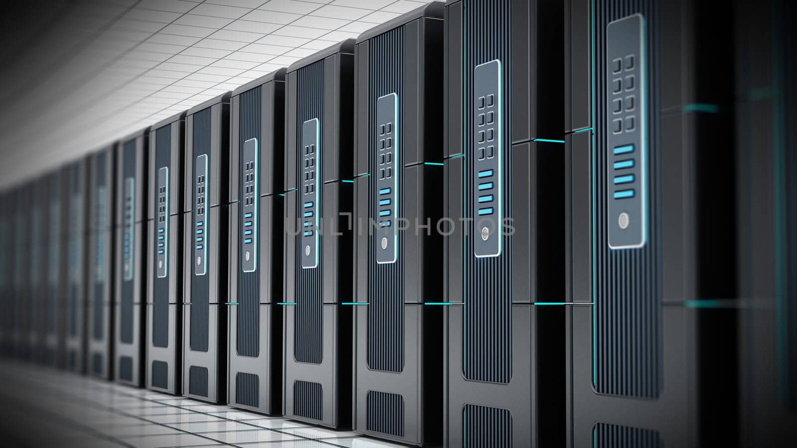 Network servers in a row isolated on white background. 3D illustration.