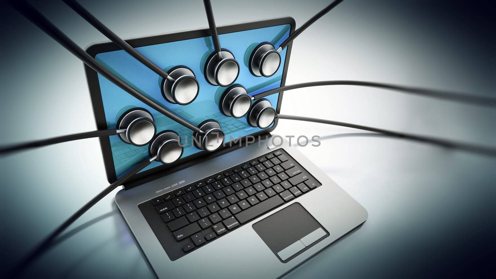 Stethoscopes on the laptop computer screen. 3D illustration.
