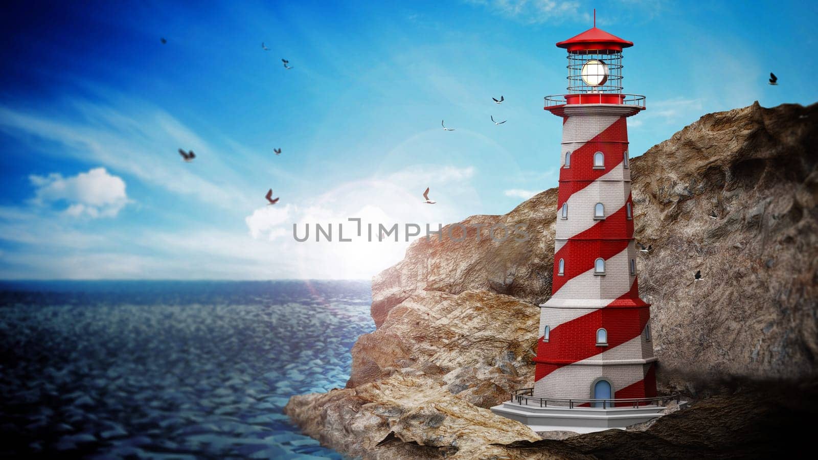 Generic lighthouse on a cliff near the sea. 3D illustration.