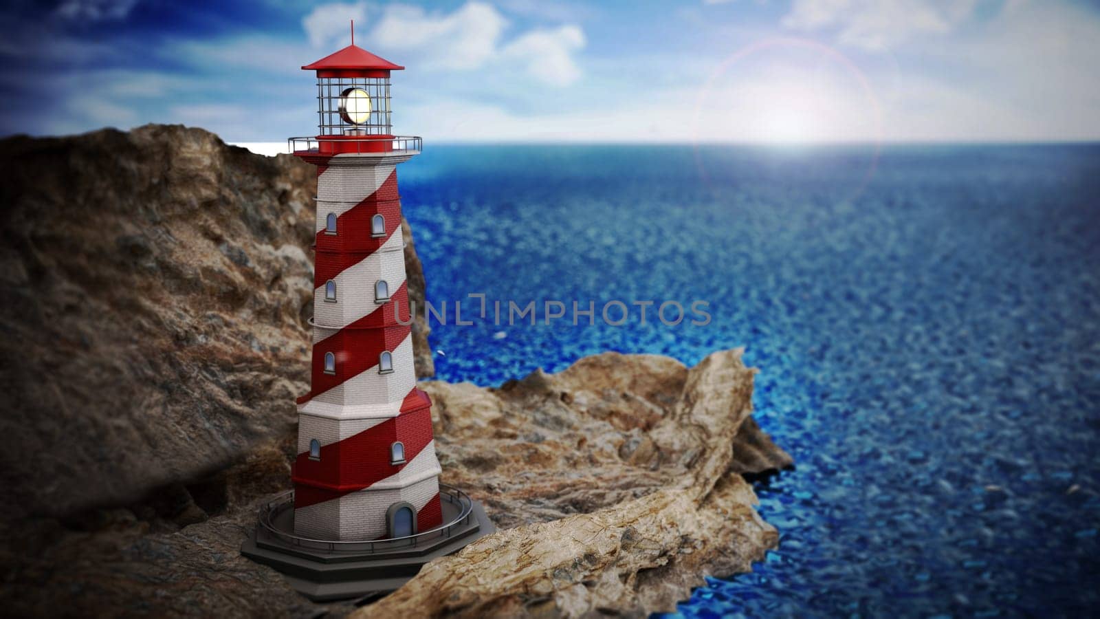 Generic lighthouse on a cliff near the sea. 3D illustration.
