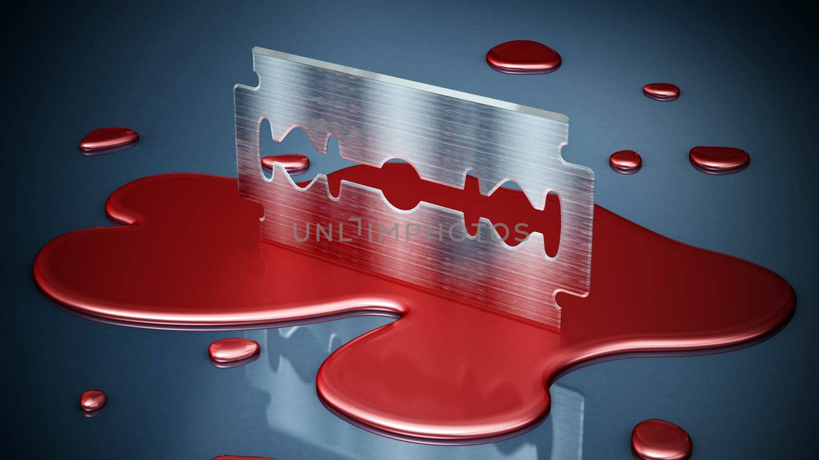 Razor blade on blood droppings. 3D illustration.