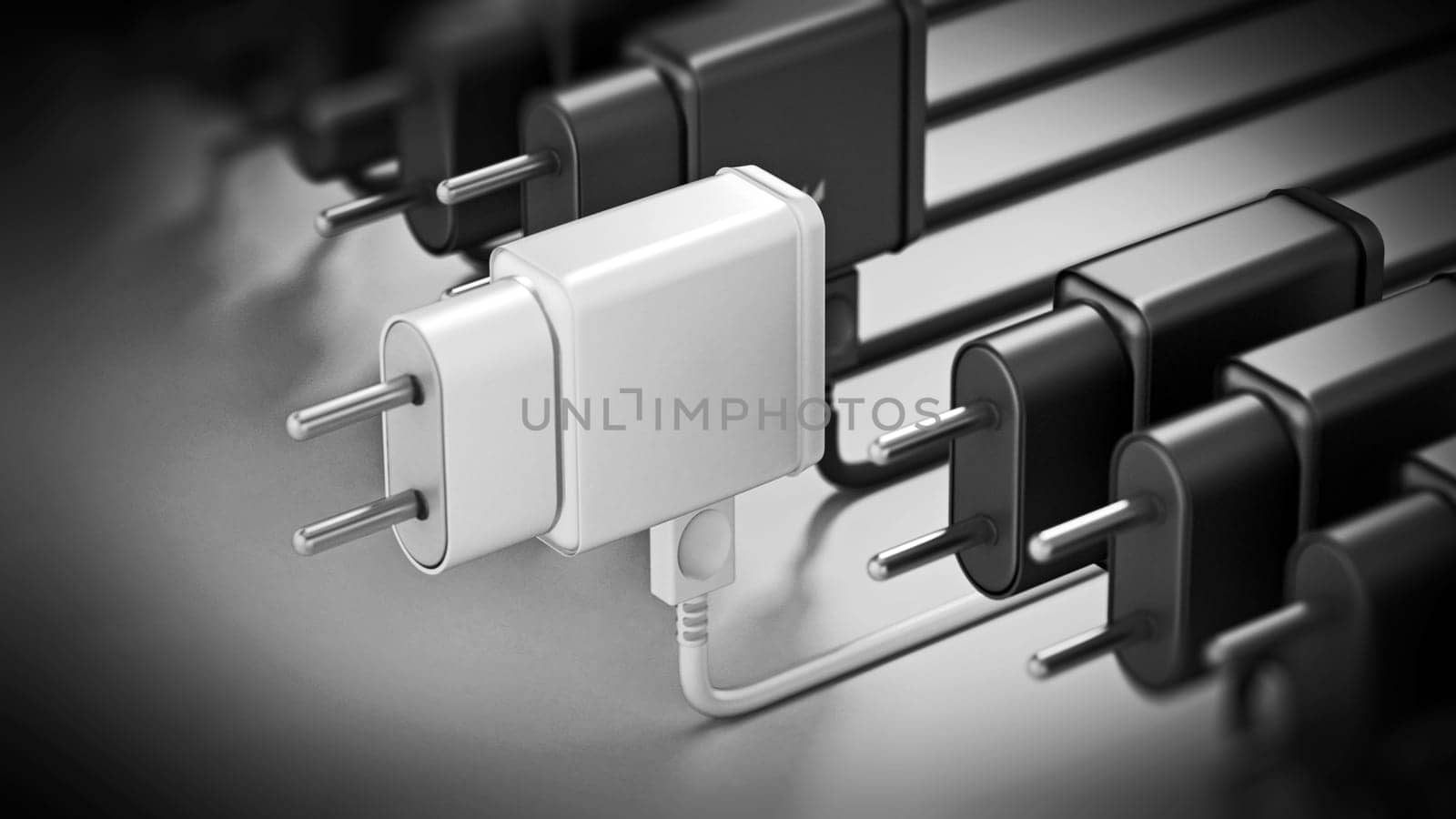 Fast white mobile device charger stands out among standard black charge devices. 3D illustration.