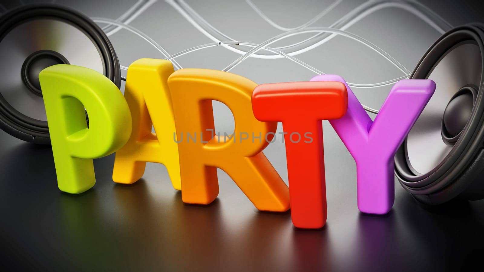 Colorful party text and round loudspeakers. 3D illustration.