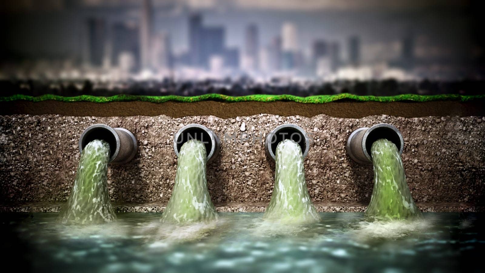 Dirty water pouring into the water from sewer pipes. 3D illustration.
