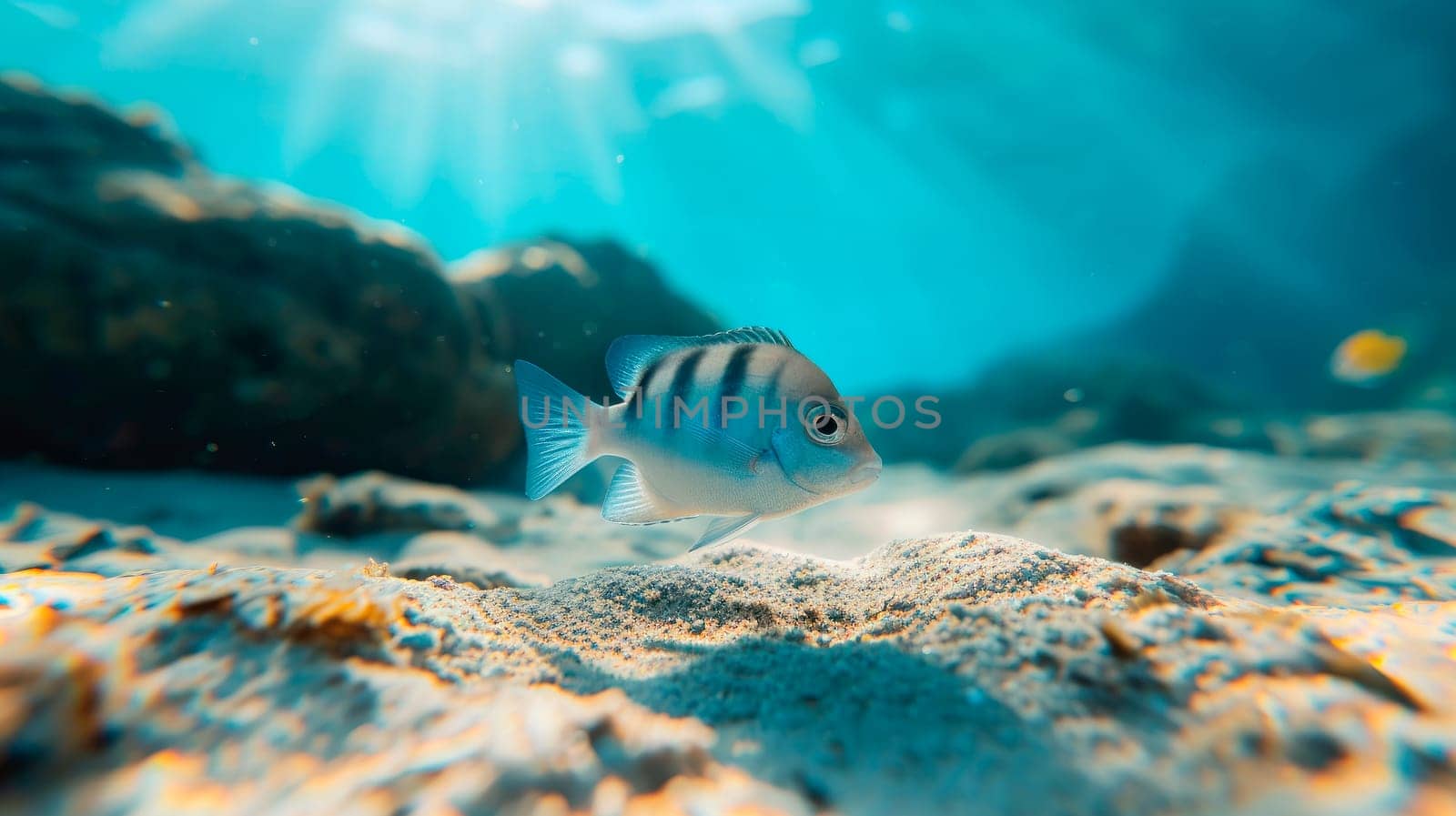 Single beautiful tropical fish in shallow water of coral reef . AI generated