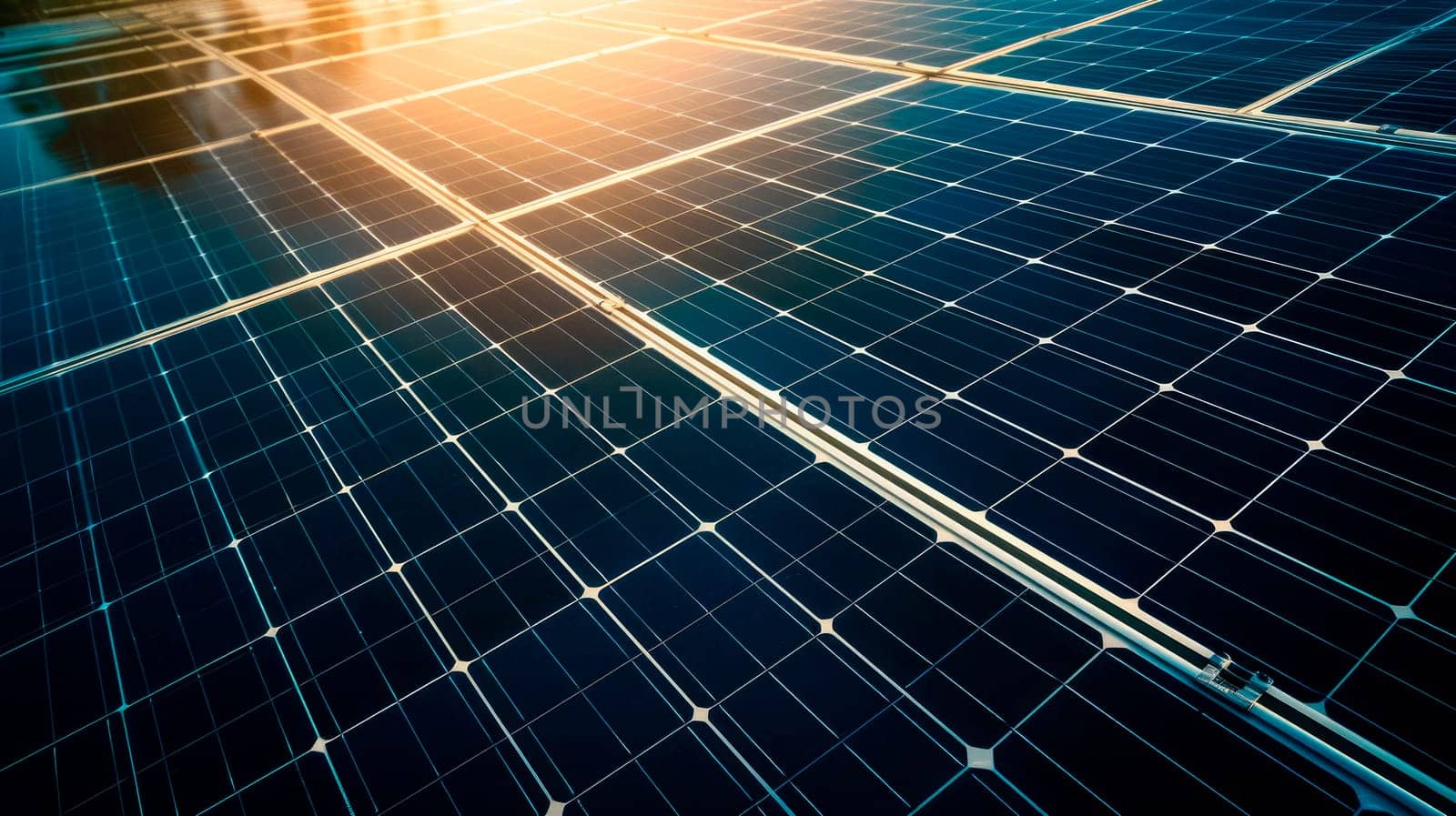 Solar panels on the roof reflect the sunset sun, clean energy, alternative energy. AI generated