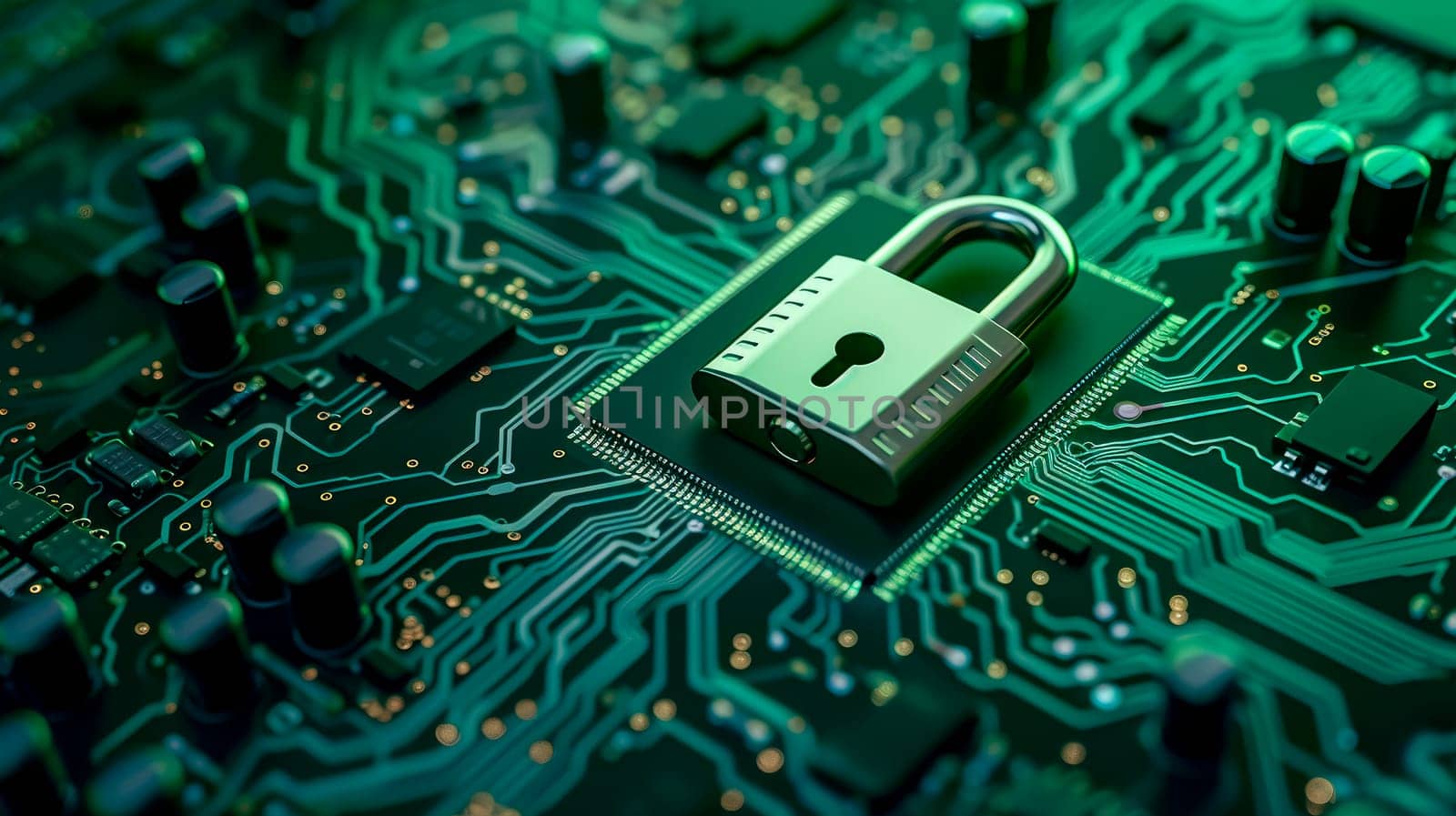 Computer security concept. Padlock on green computer circuit board. AI generated