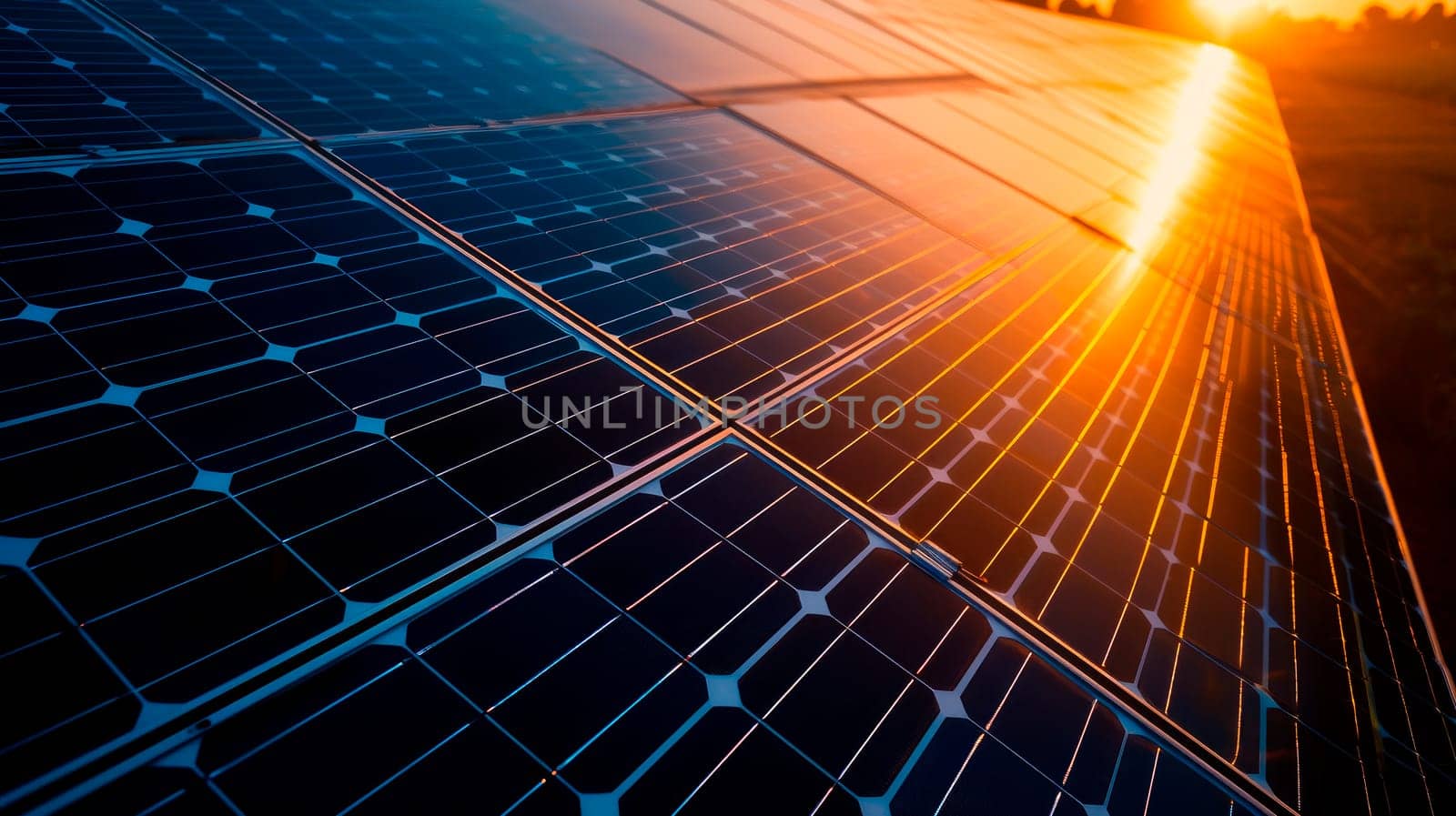 Solar panels reflect the sunset sun, clean energy, alternative energy. AI generated