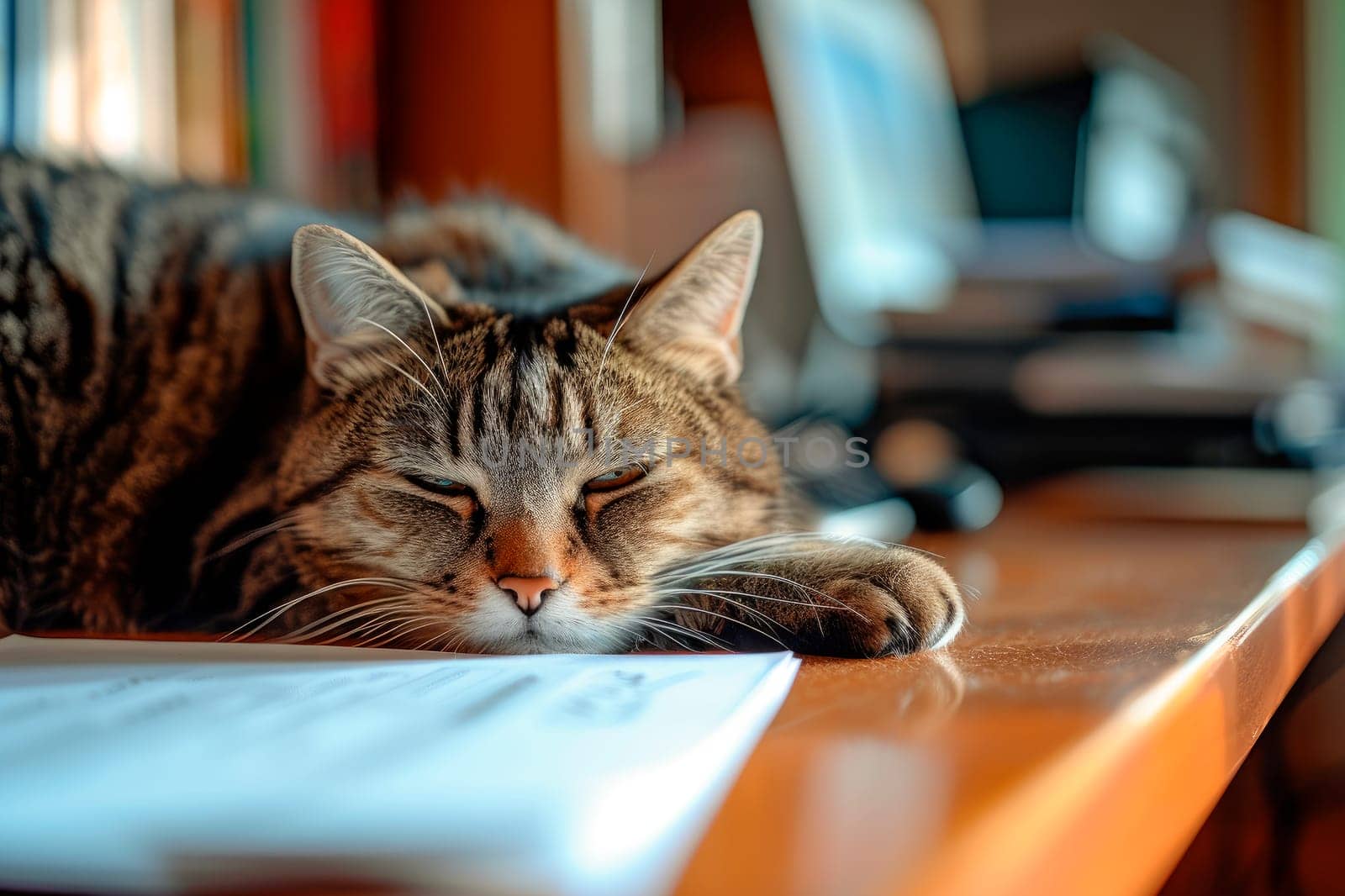 Lazy cat lying on the desk. AI generated