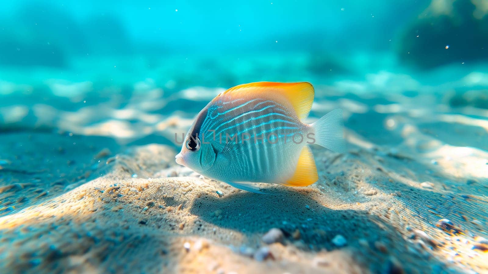 Beautiful tropical fish in shallow water of coral reef . AI generated