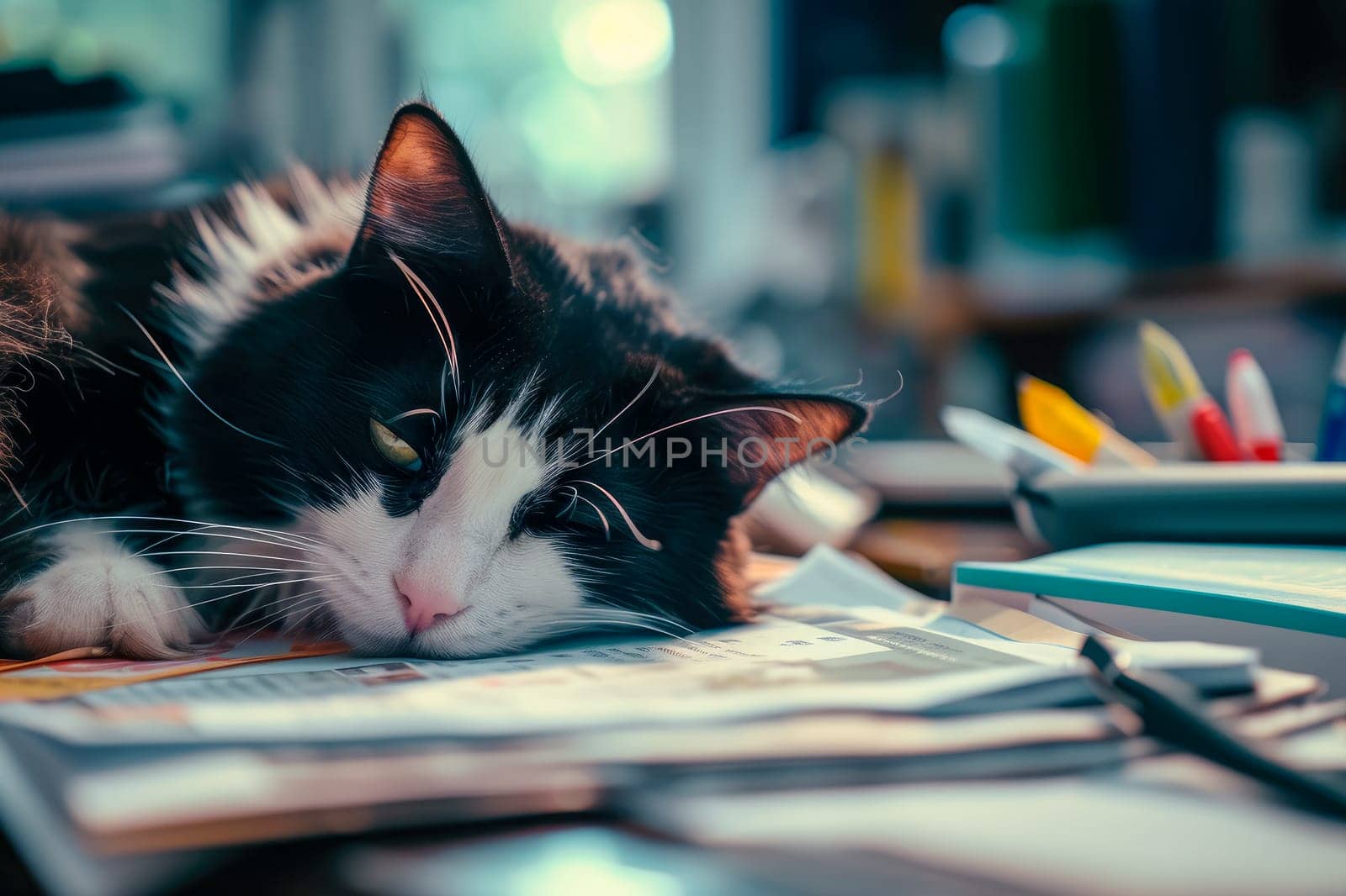 Lovely sleepy cat lying on a desktop. AI generated