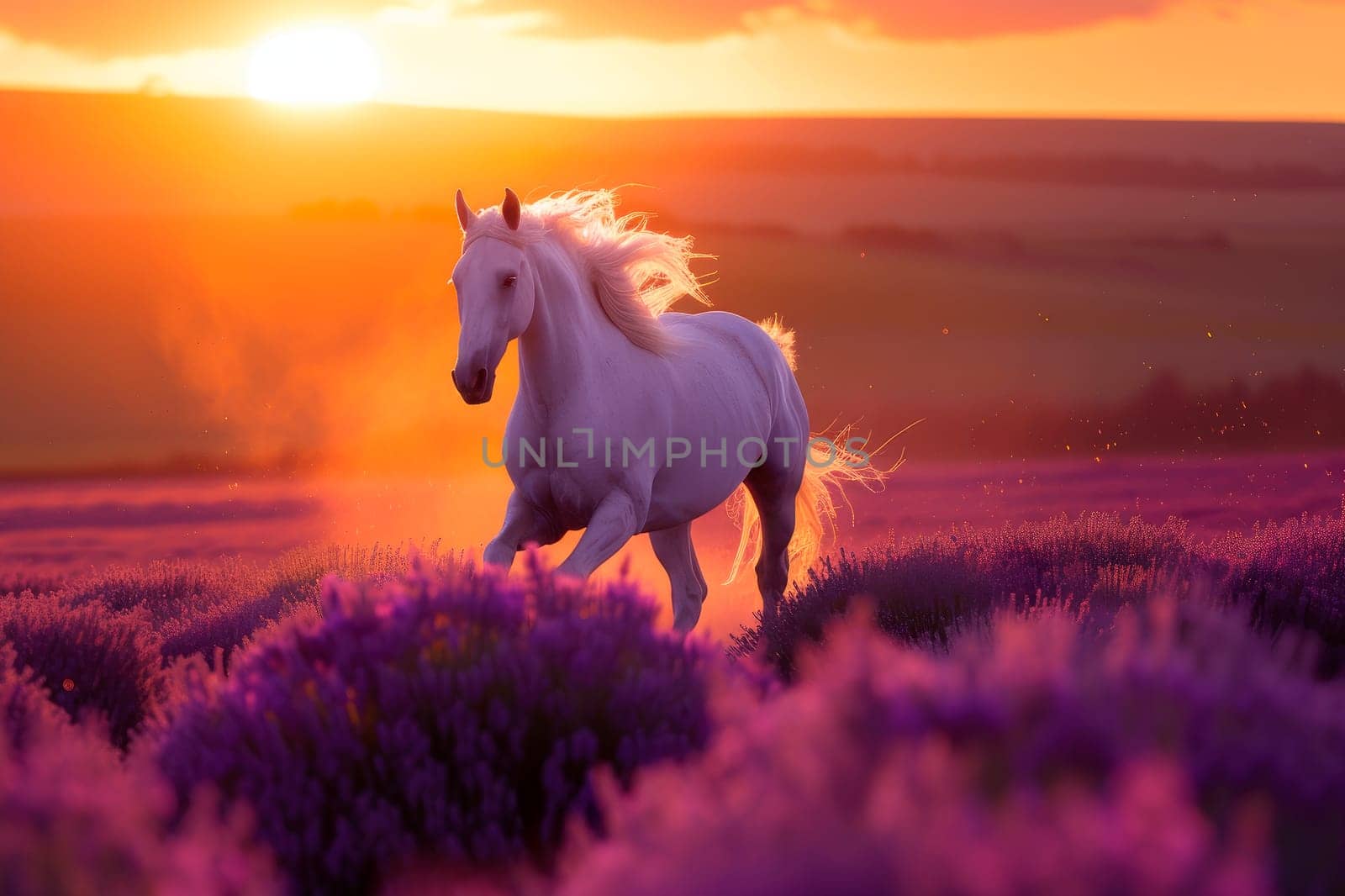 A beautiful horse galloping across a lavender field at sunset. AI generated