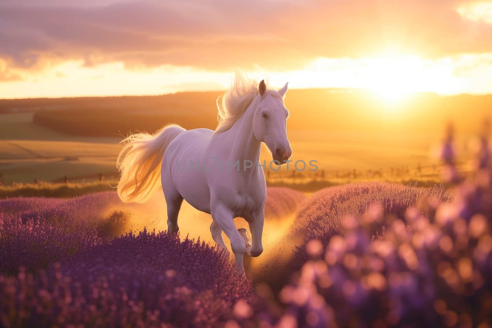 Beautiful horse running in lavender field at sunset. AI generated