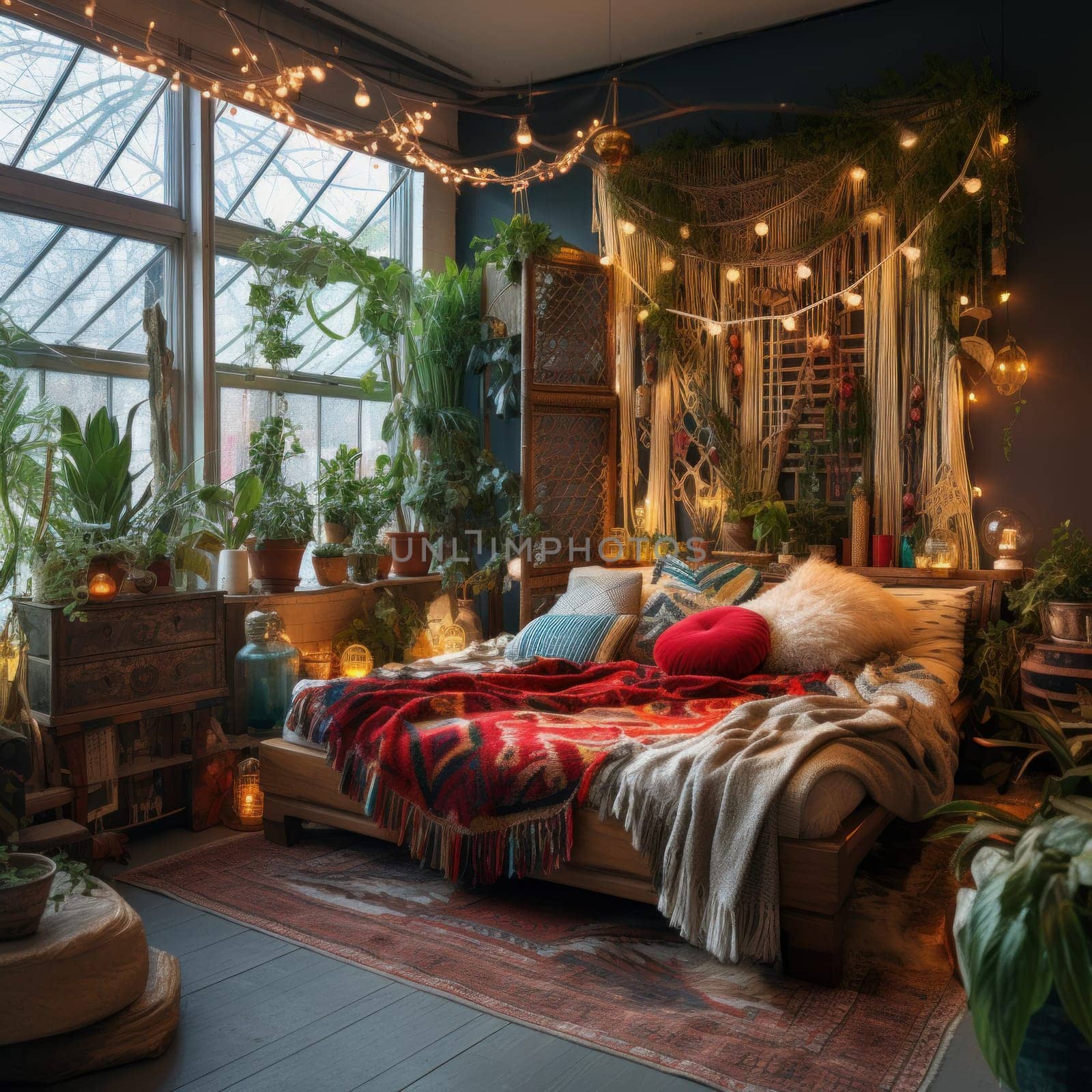 Comfortable Boho winter room tent. Home plaid. Generate Ai