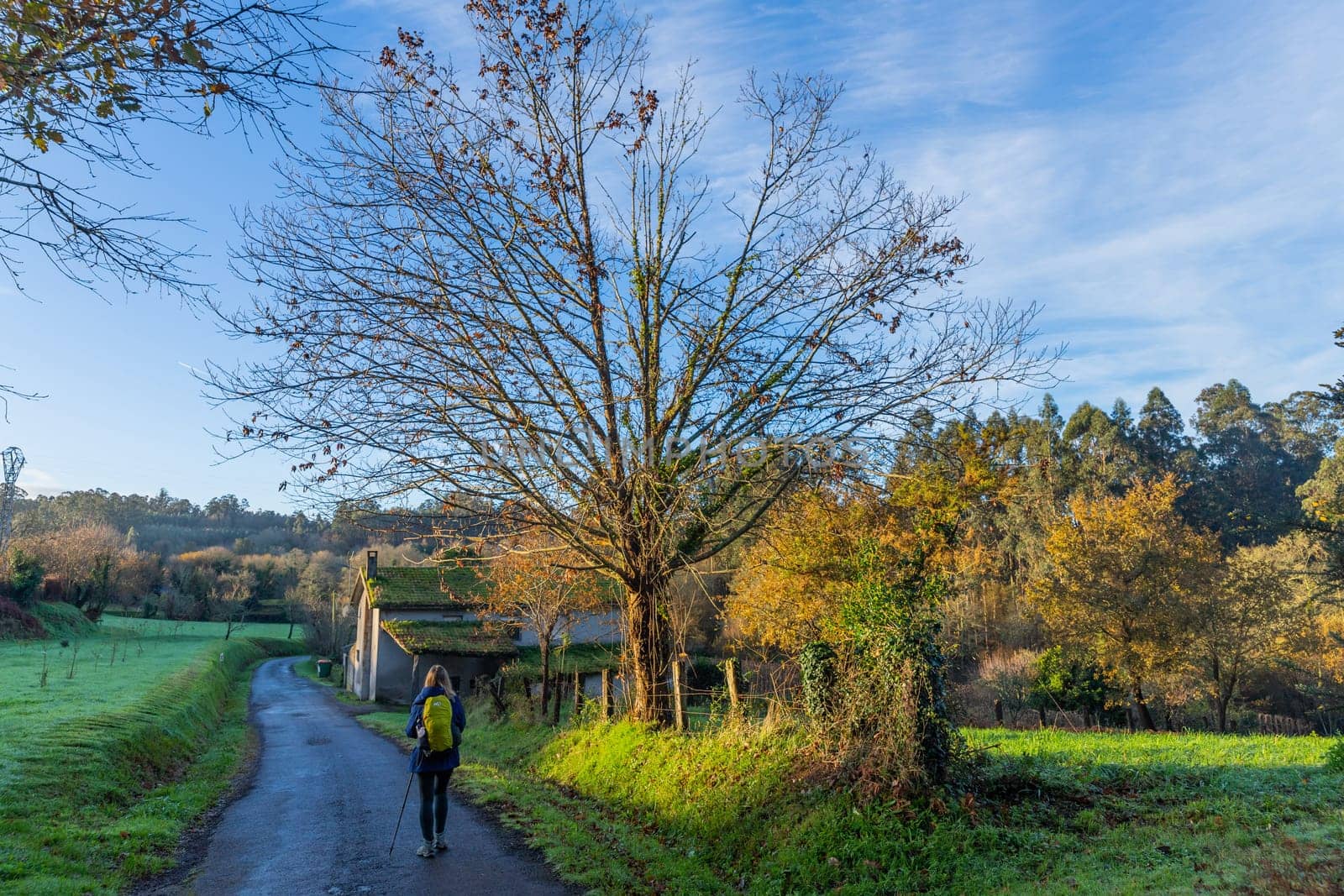 Galicia, Spain, 1 January, 2024: Pilgrim walk along the Camino De Santiago, the Way of St. James pilgrimage route, Galicia, Spain.