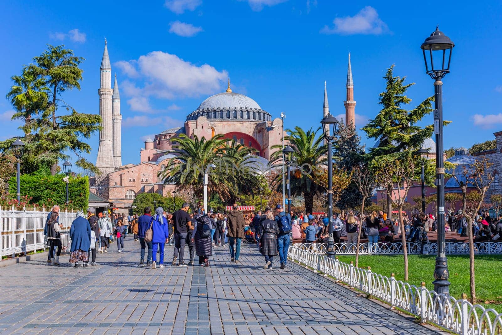 Istanbul, Turkey - November 14, 2023. View of the Sultan Ahmet Park in front of Hagia Sophia Grand Mosque and Hagia Sophia Hurrem Sultan Bathhouse. Sultanahmet neighbourhood, City of Istanbul, Turkey.
