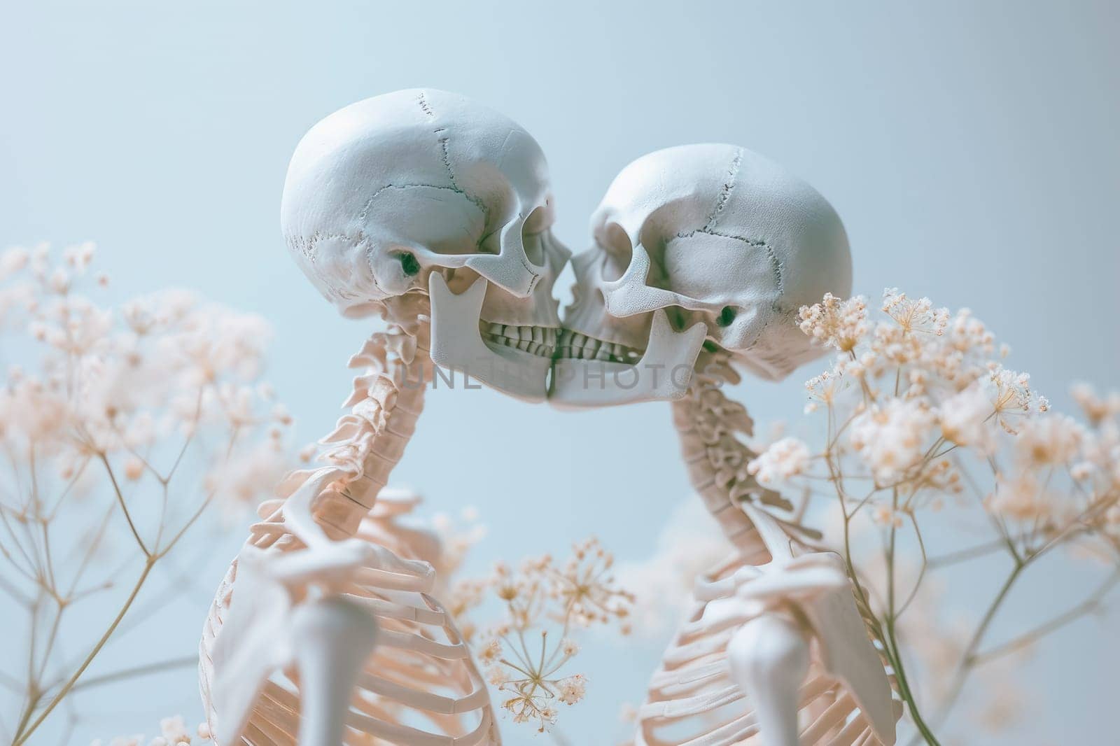 Two skeletons kissing, forever love concept. Romantic and in love skeleton couple. AI generated