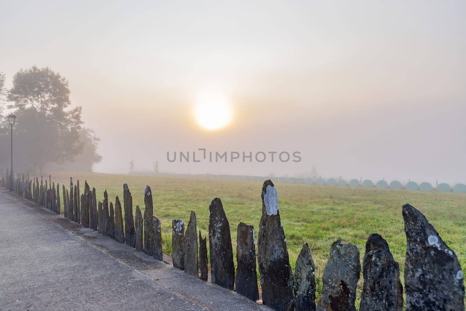 View of Galicia mountain landscape at the sunrise along the way of St. James. Lugo