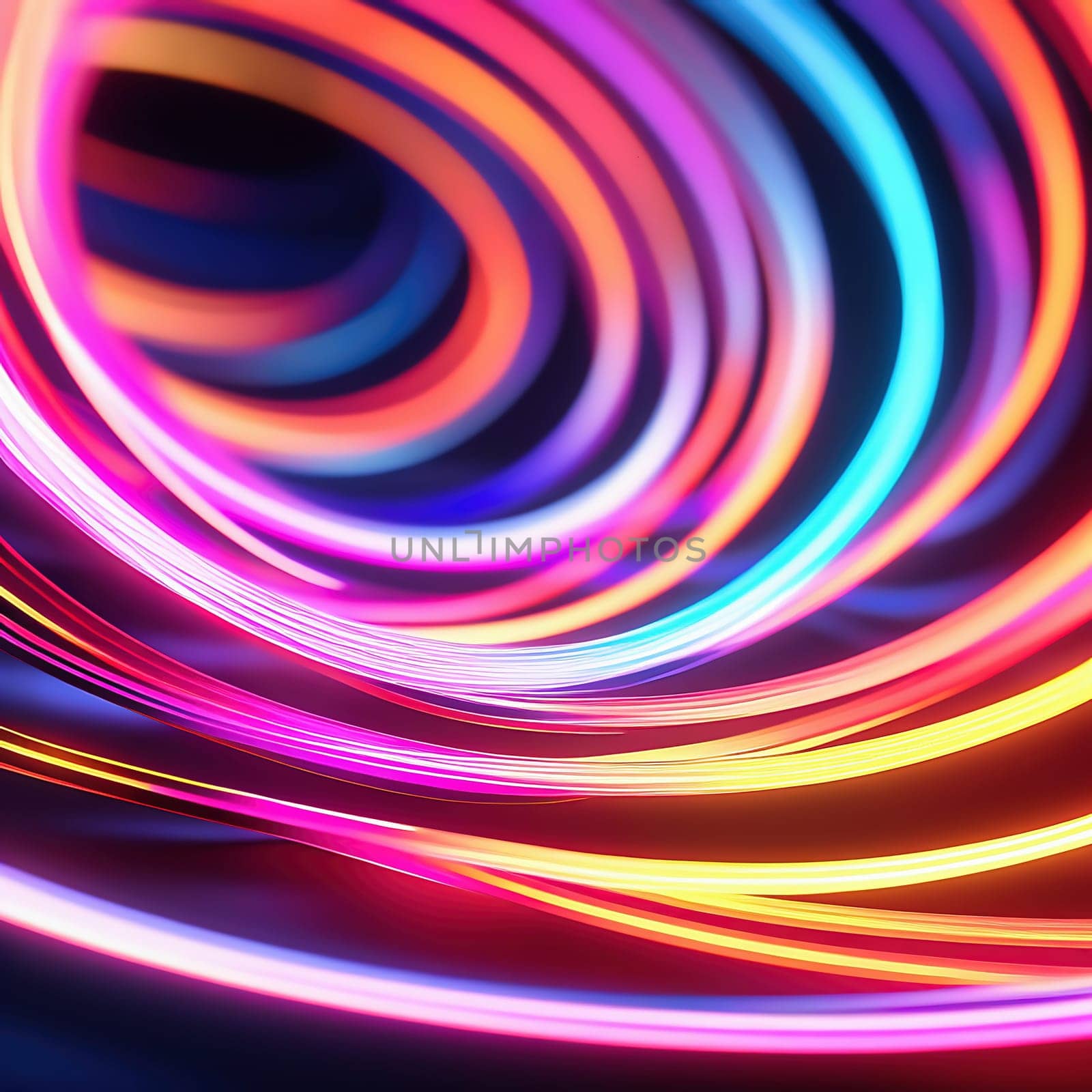 3d render. Abstract panoramic background of twisted dynamic neon lines glowing in the dark room with floor reflection. Virtual fluorescent ribbon loop.