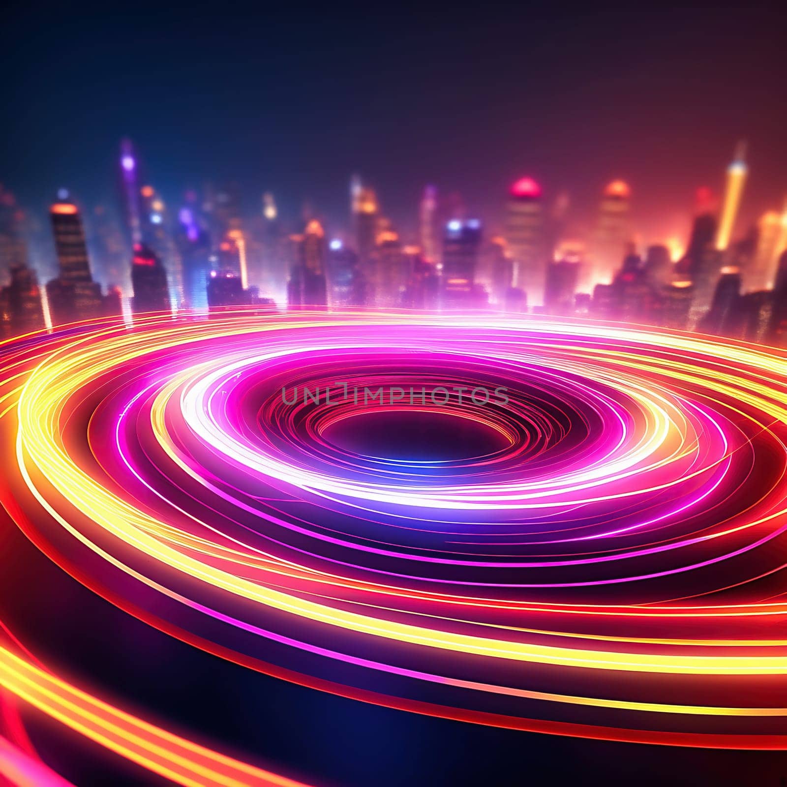 3d render. Abstract panoramic background of twisted dynamic neon lines glowing in the dark room with floor reflection. Virtual fluorescent ribbon loop.