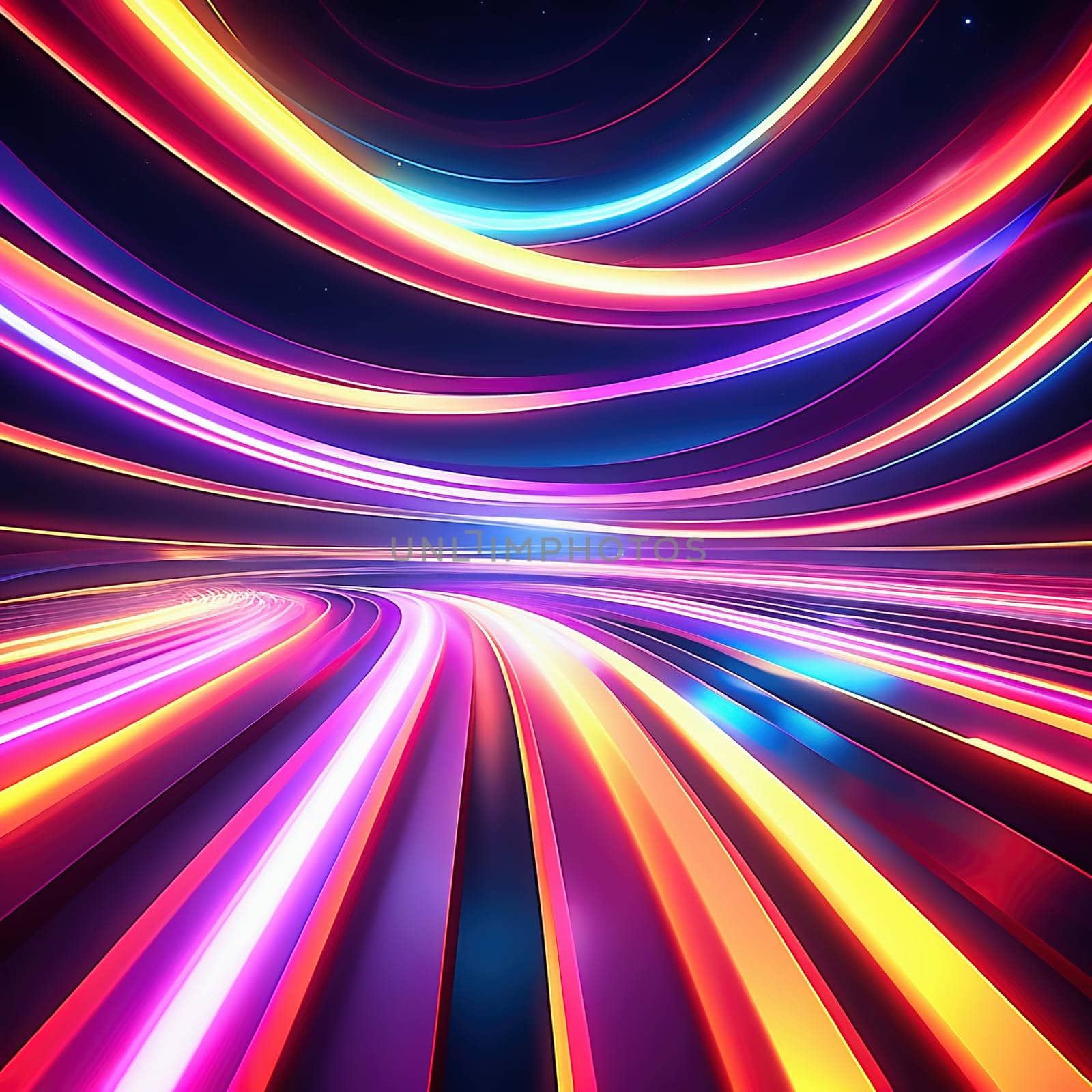 3d render. Abstract panoramic background of twisted dynamic neon lines glowing in the dark room with floor reflection. Virtual fluorescent ribbon loop.