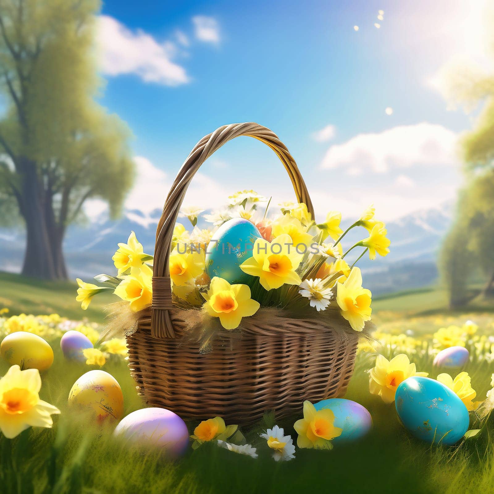 Easter basket with Easter eggs on a green meadow. Daffodils are blooming yellow. Easter generated with AI. Illustration