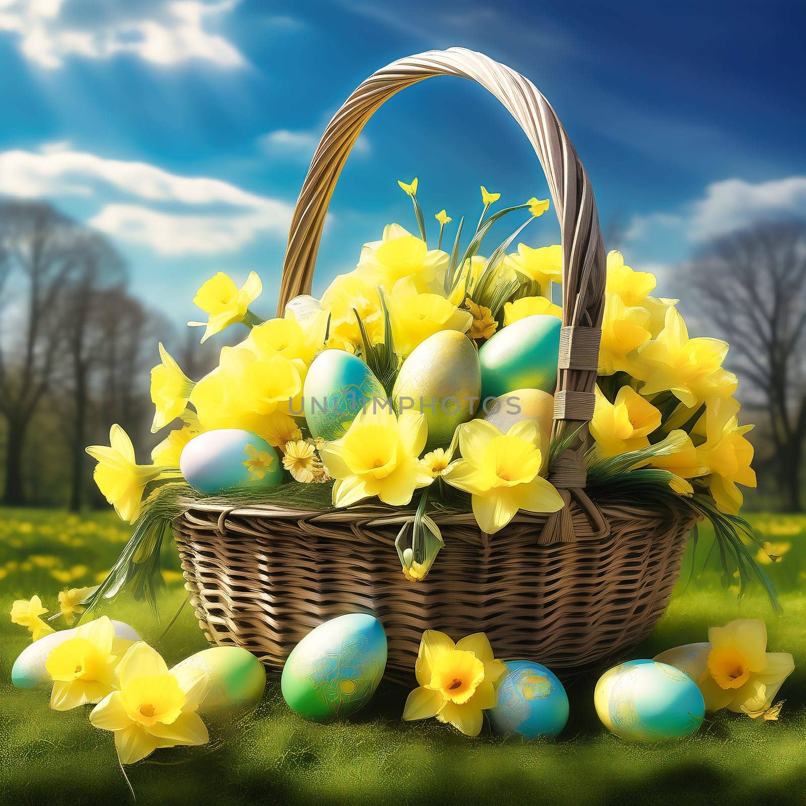 Easter basket with Easter eggs on a green meadow. Daffodils are blooming yellow. Easter generated with AI. Illustration