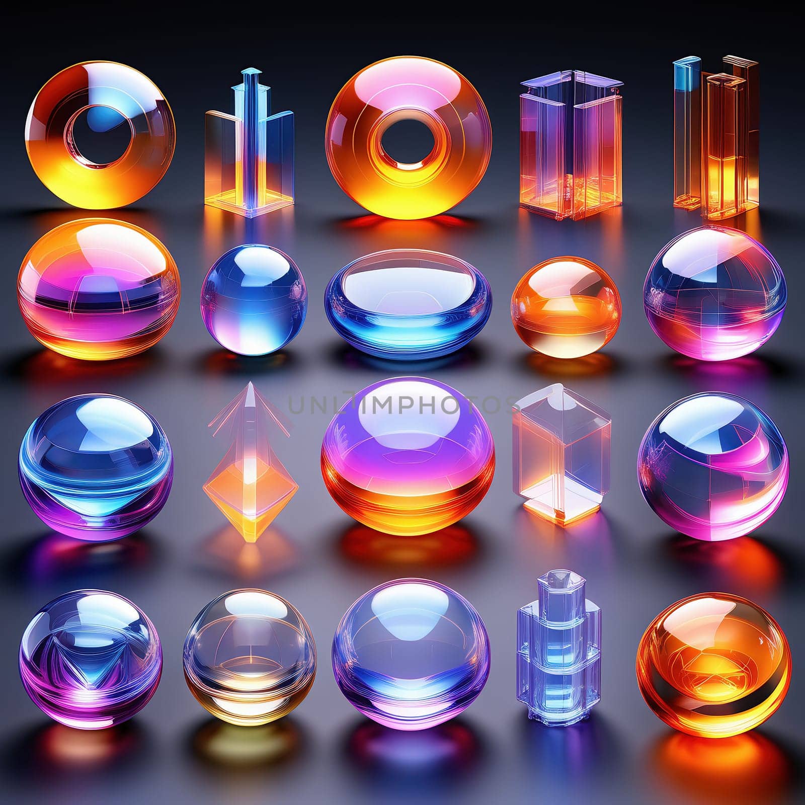 3d render. Neon glowing glass shapes on a virtual dark background. Futuristic graphic rendering. Luminous elements