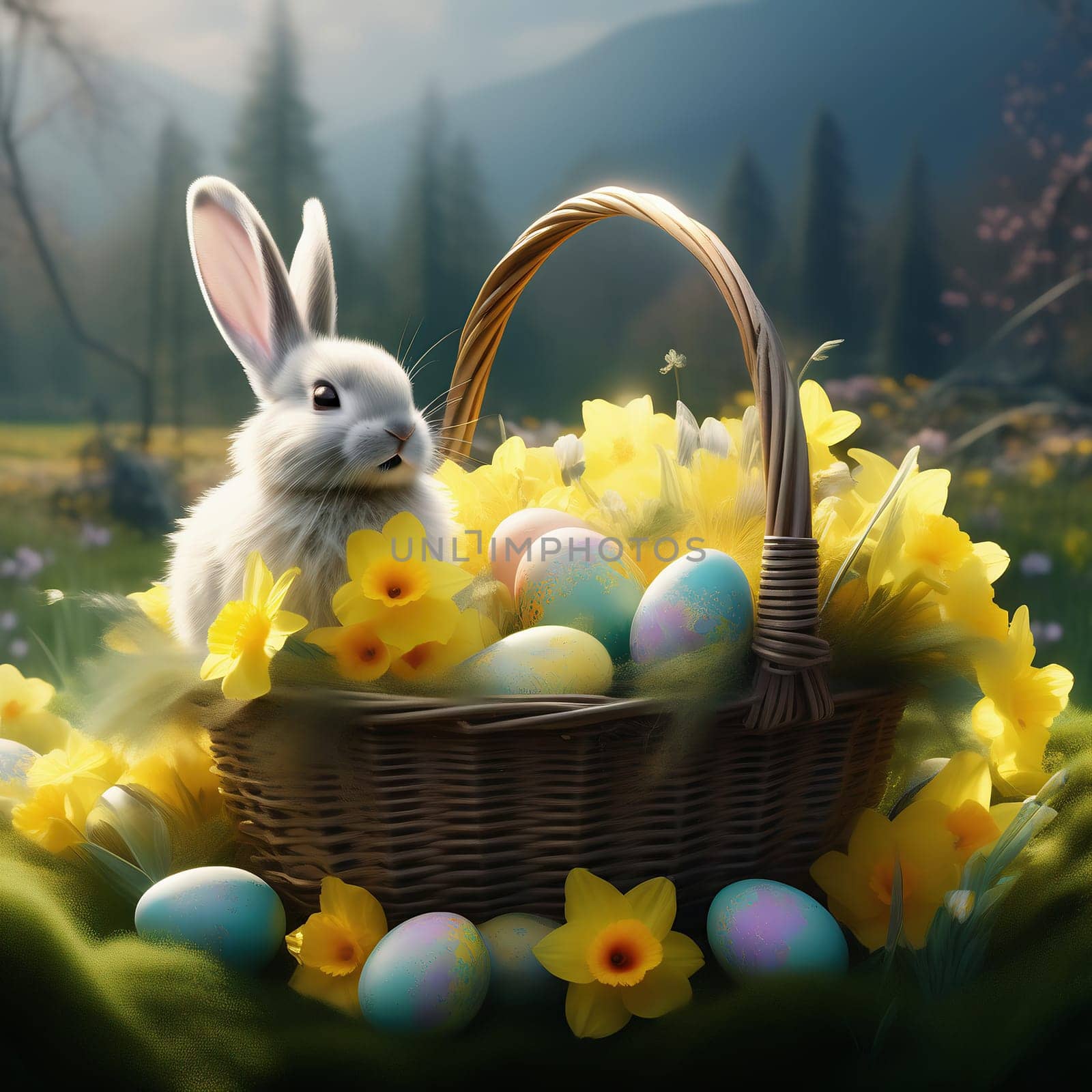 Easter bunny in an Easter basket with Easter eggs on a green meadow. Daffodils are blooming yellow. Easter generated with AI. Illustration