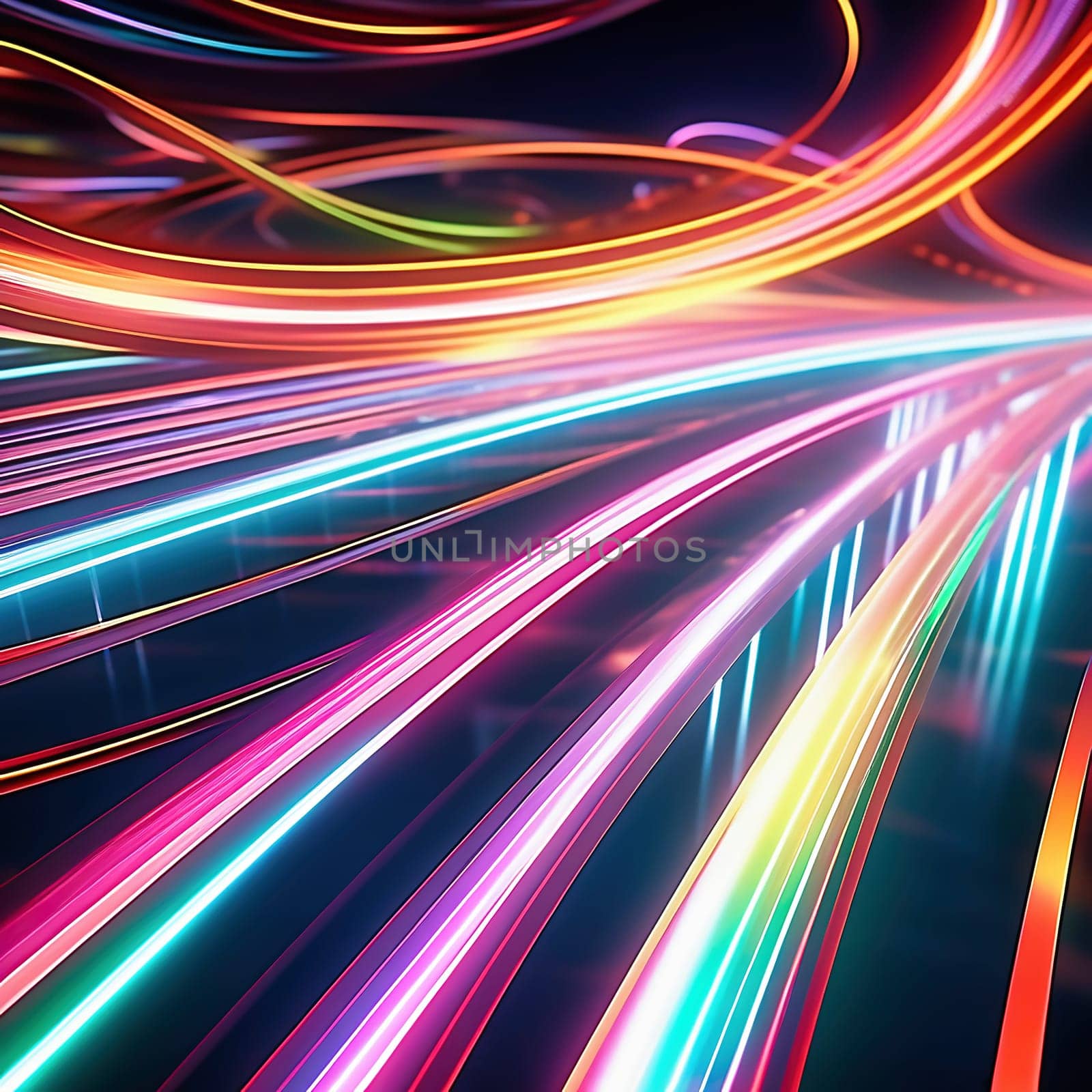 3d render. Abstract panoramic background of twisted dynamic neon lines glowing in the dark room with floor reflection. Virtual fluorescent ribbon loop.