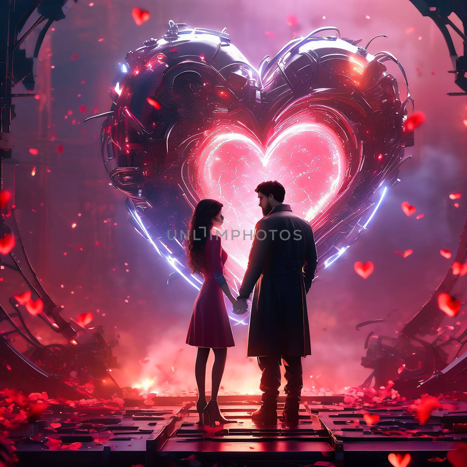 Couple in love with hearts and roses. Romantic AI generated image. Valentine's Day, wedding, engagement. Love in picture