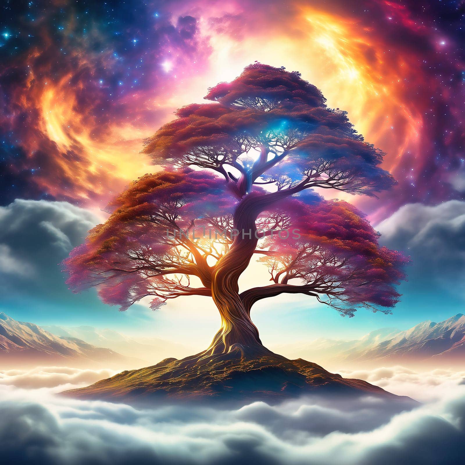 Fantasy tree in front of a starry sky with colorful clouds in the universe. AI generated image. Bright colors with old tree on a hill.
