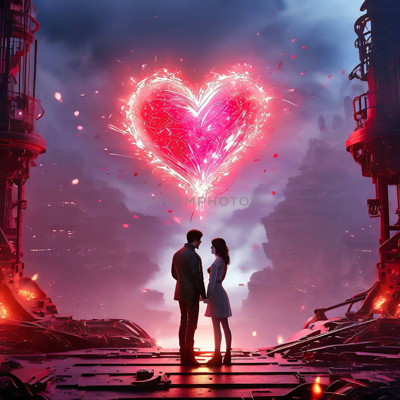Couple in love with hearts and roses. Romantic AI generated image. Valentine's Day, wedding, engagement. Love in picture