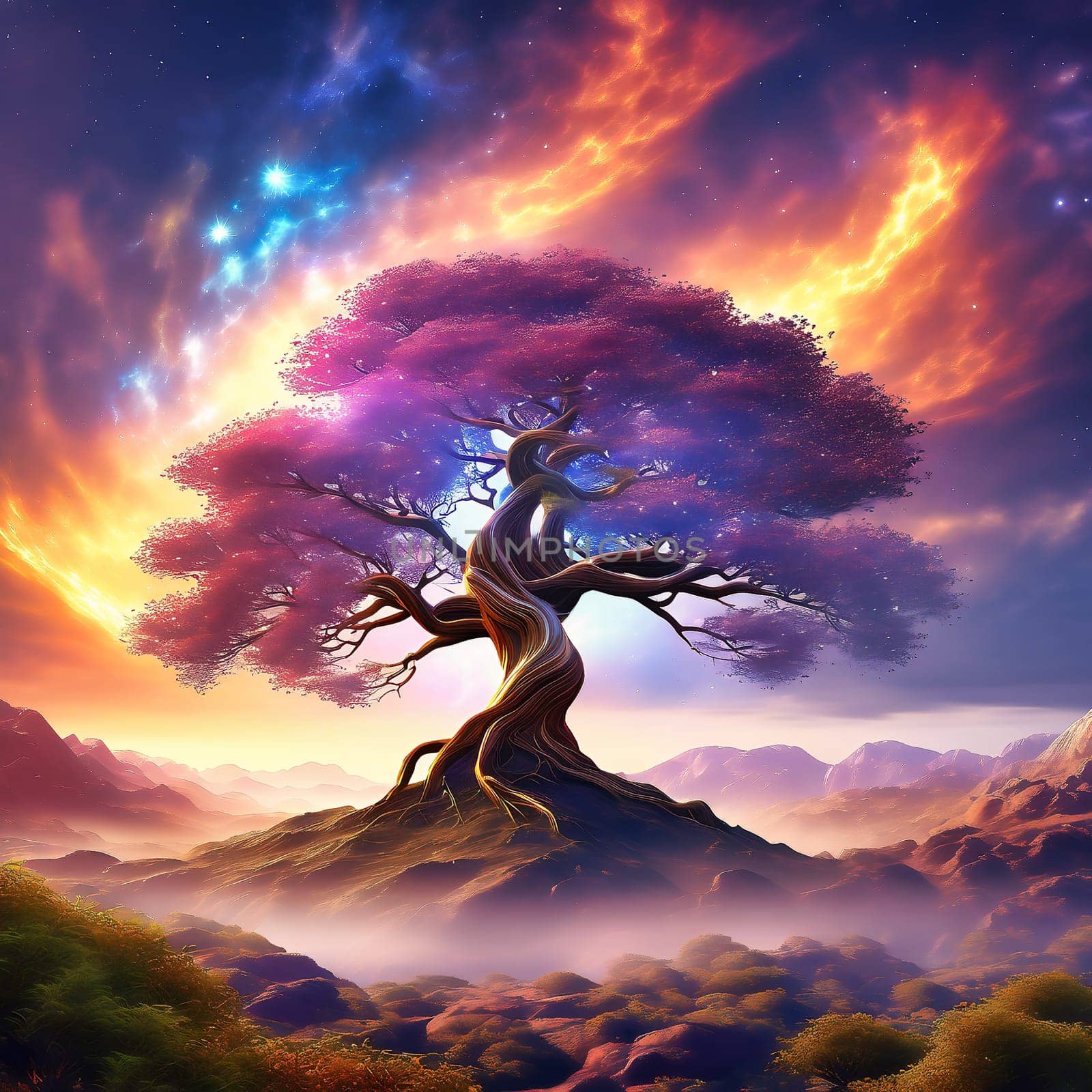 Fantasy tree in front of a starry sky with colorful clouds in the universe. AI generated image. Bright colors with old tree on a hill.