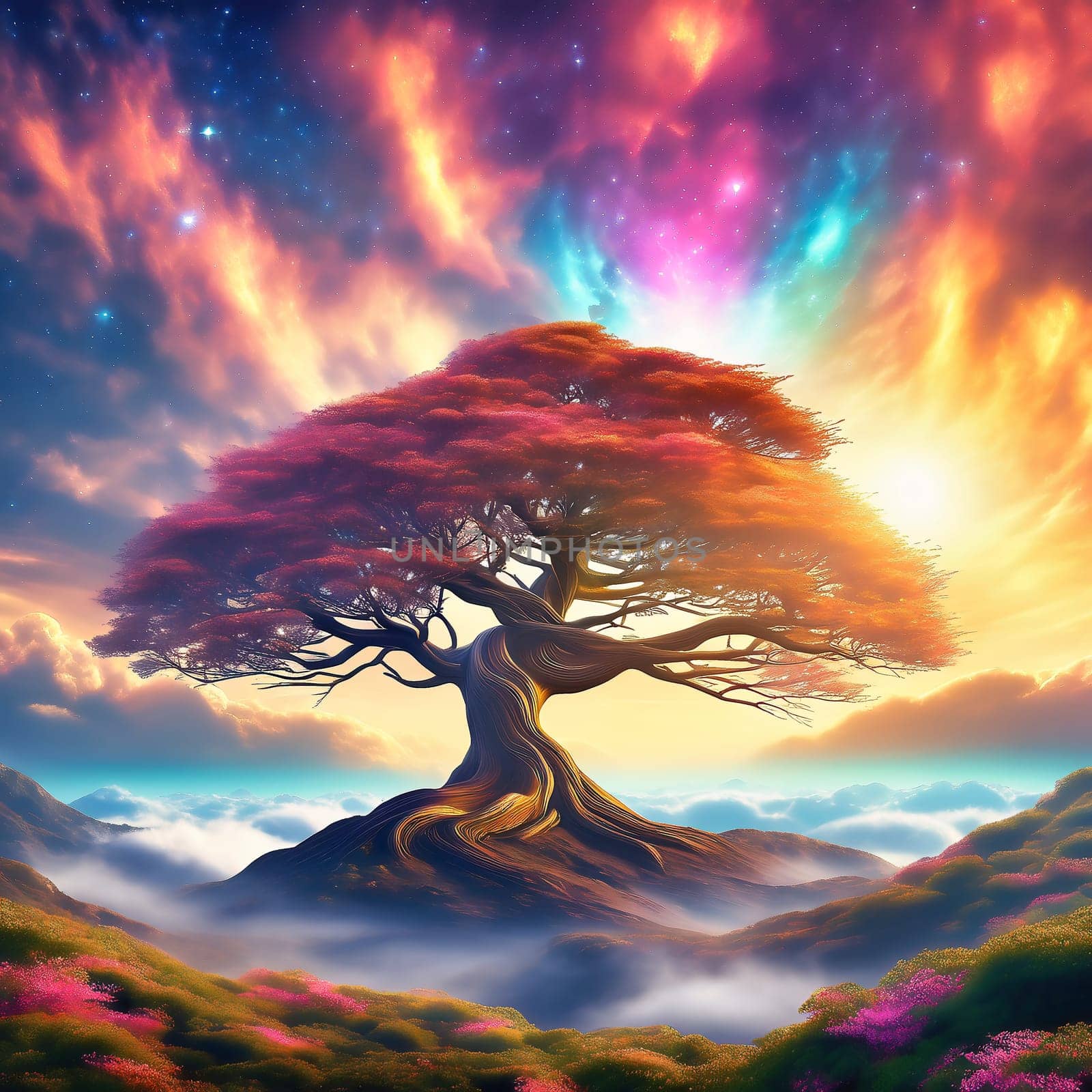 Fantasy tree in front of a starry sky with colorful clouds in the universe. AI generated image. Bright colors with old tree on a hill.
