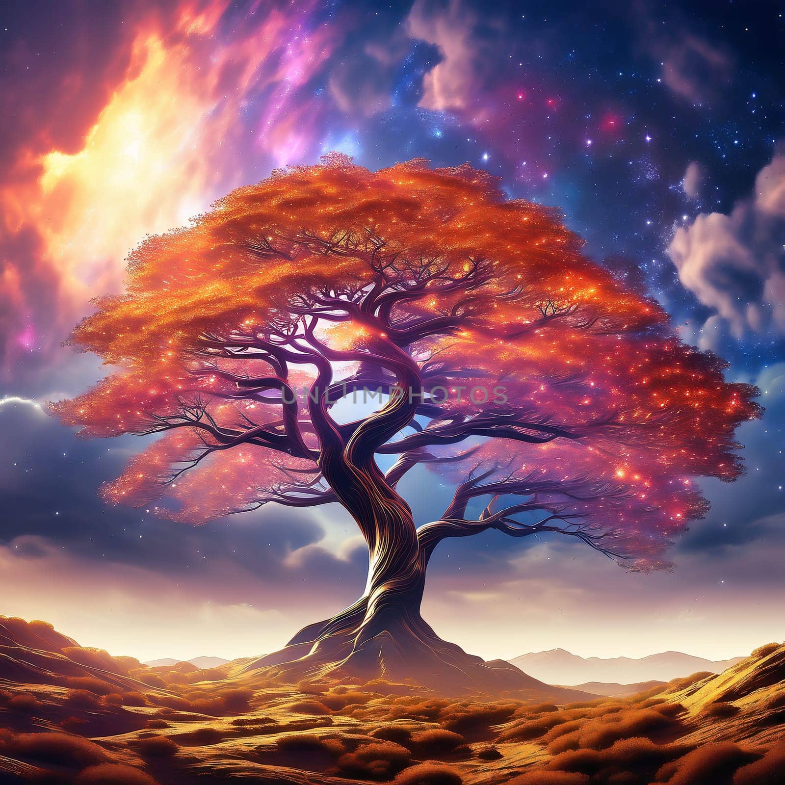 Fantasy tree in front of a starry sky with colorful clouds in the universe. AI generated image. Bright colors with old tree on a hill.