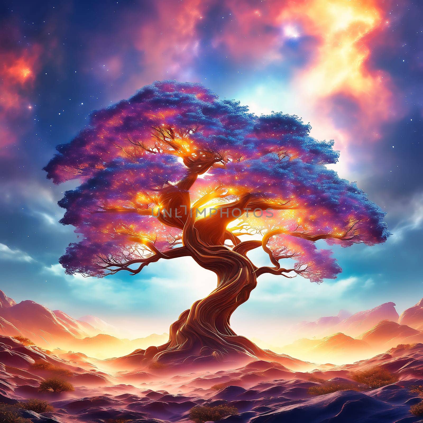 Fantasy tree in front of a starry sky with colorful clouds in the universe. AI generated image. Bright colors with old tree on a hill.