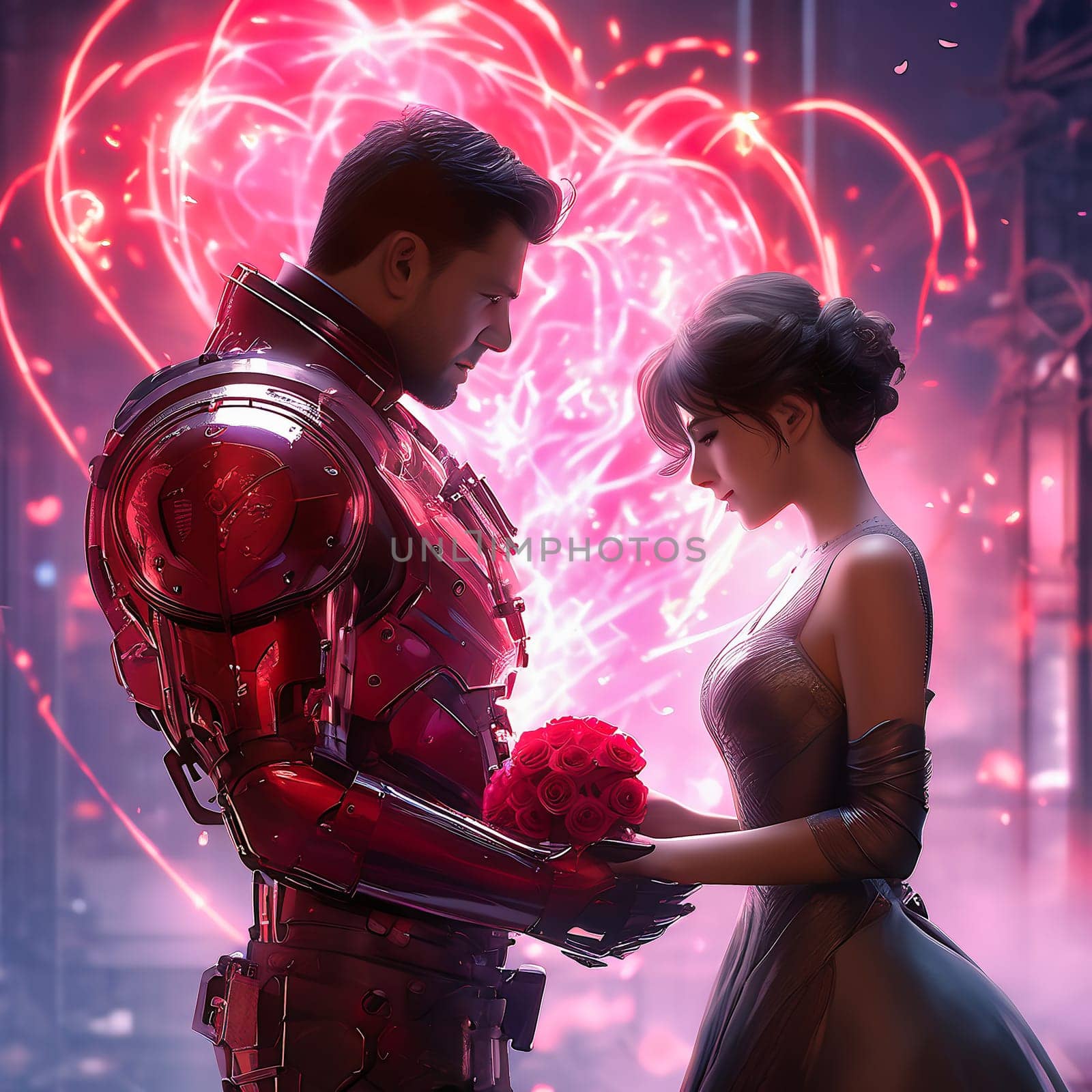 Couple in love with hearts and roses. Romantic AI generated image. Valentine's Day, wedding, engagement. Love in picture