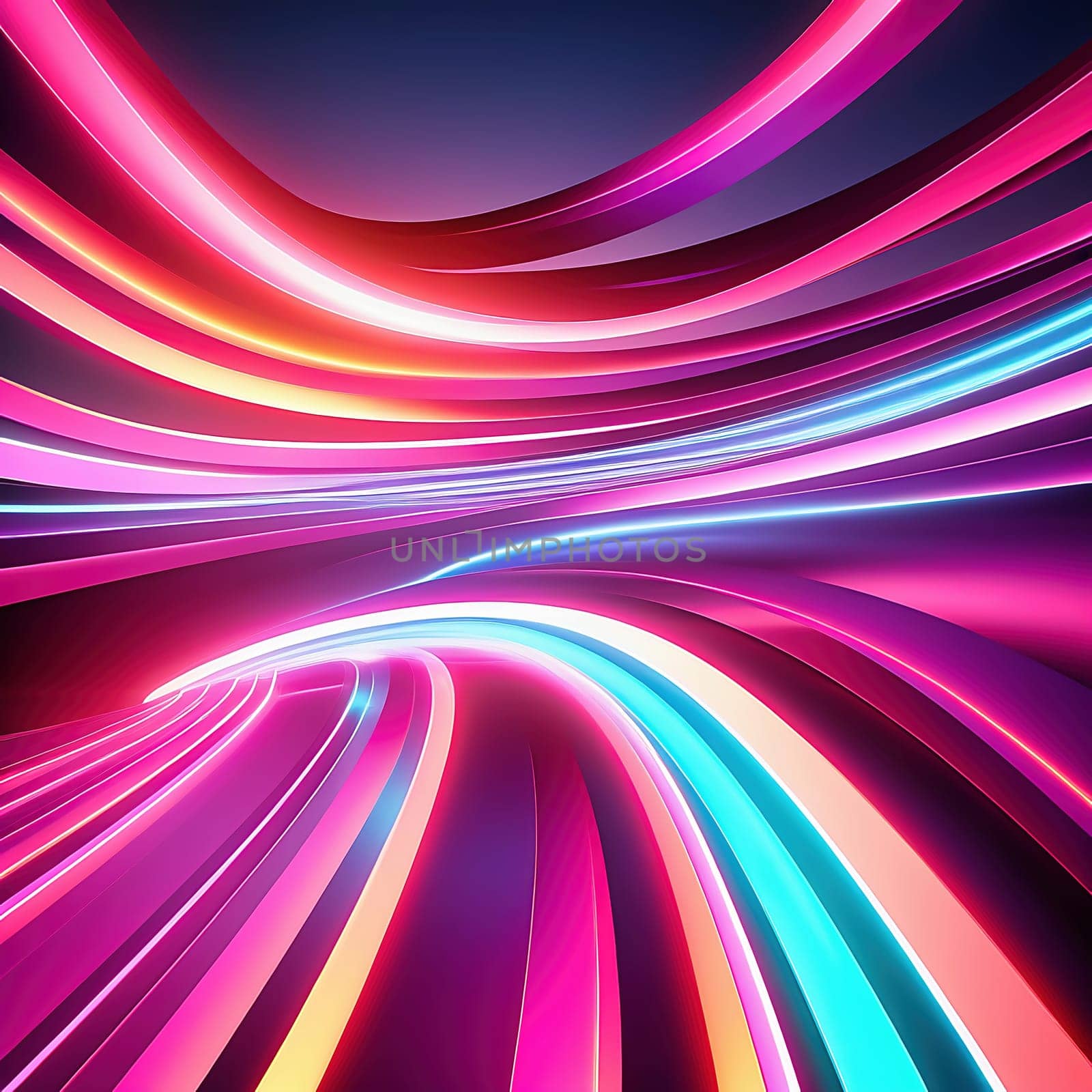 3d render. Abstract panoramic background of twisted dynamic neon lines, in wave form, glows in the dark space. Virtual fluorescent ribbon loop.