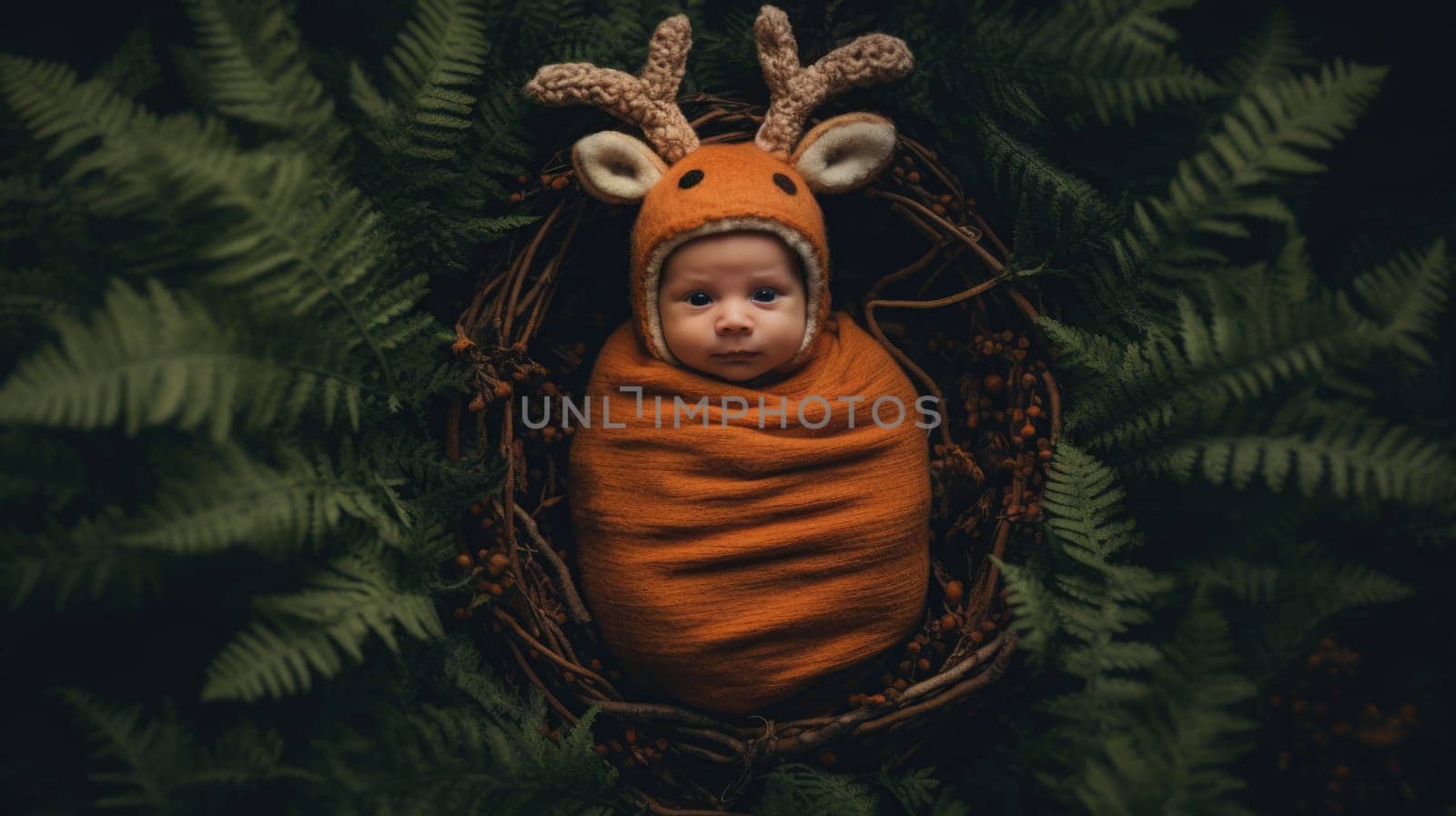 new born baby portrait wearing a deer costume in forest, ai