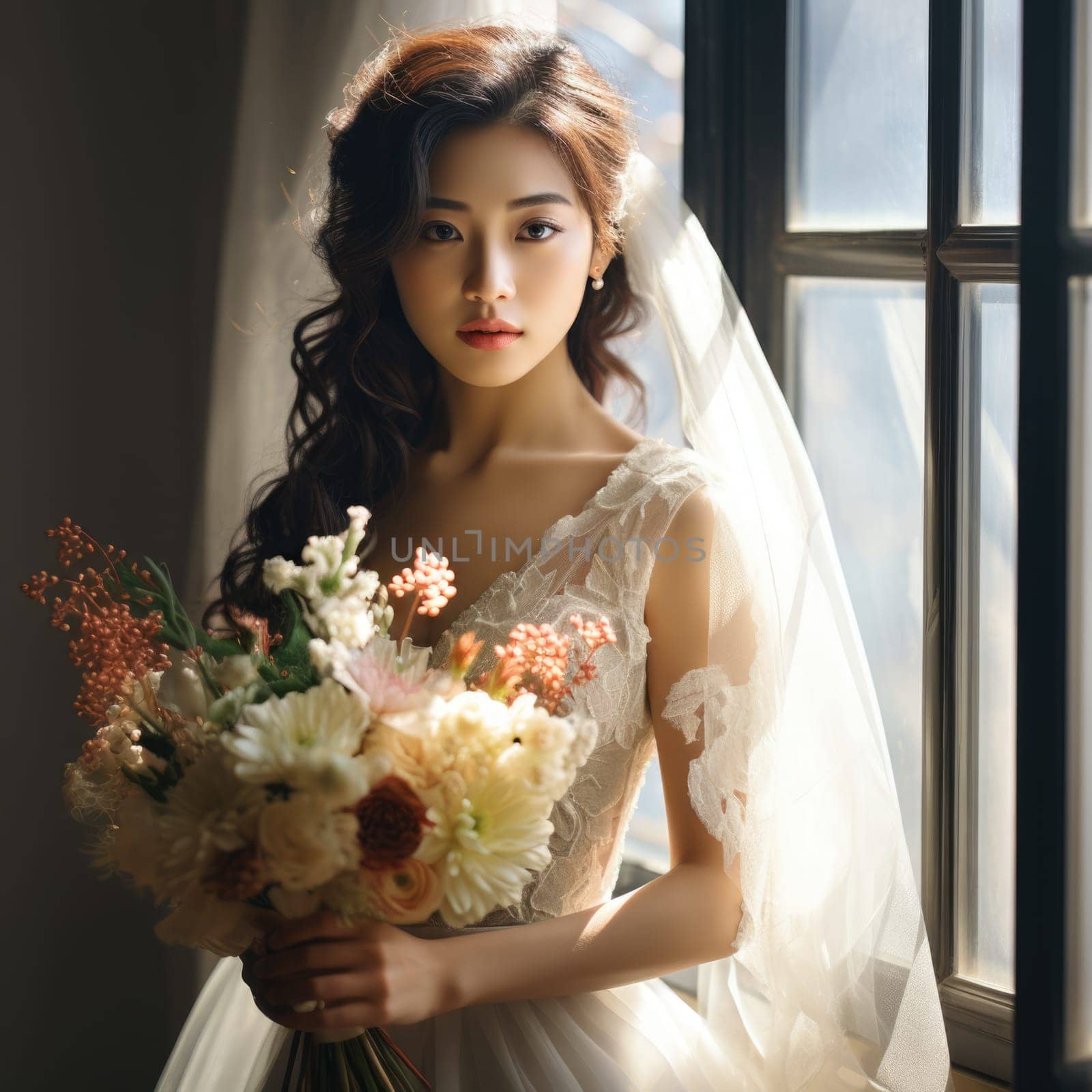 asian female, bridal studio photography with flower bouquet, ai