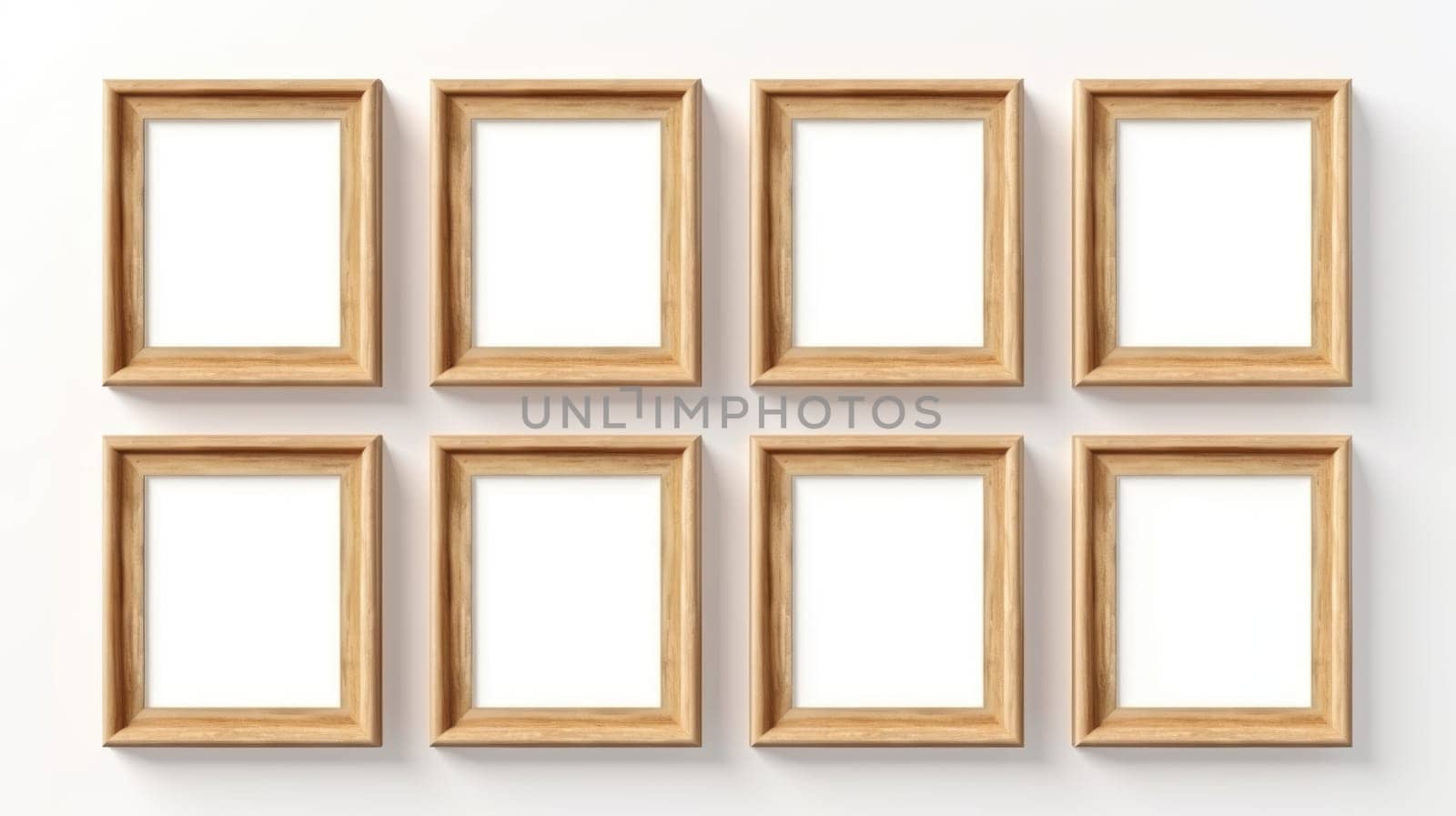 wood photo art frame set on white wall, ai