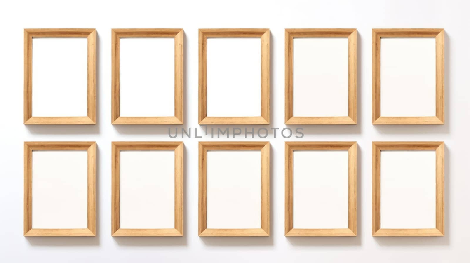 wood photo art frame set on white wall, ai