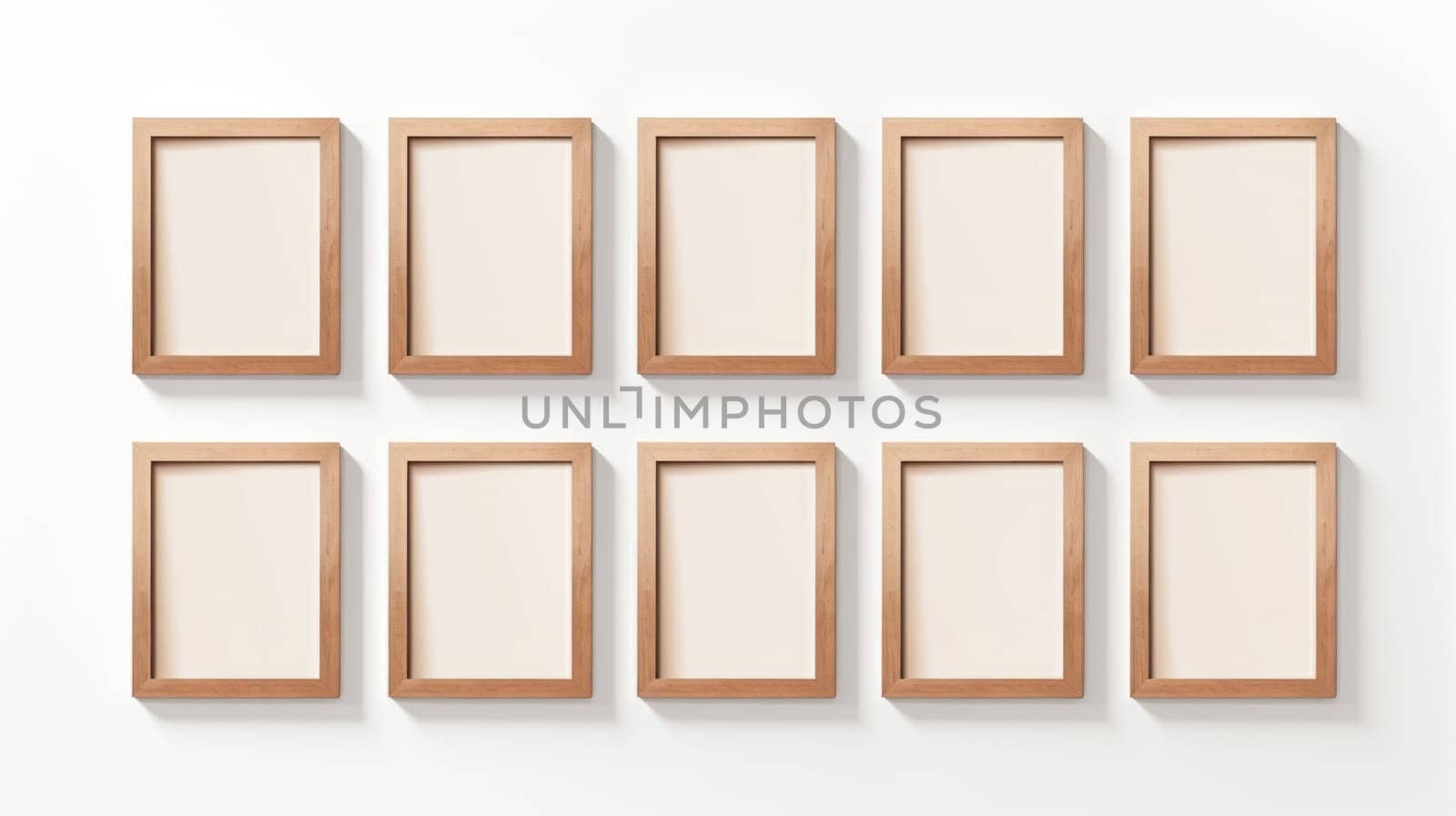 wood photo art frame set on white wall, ai